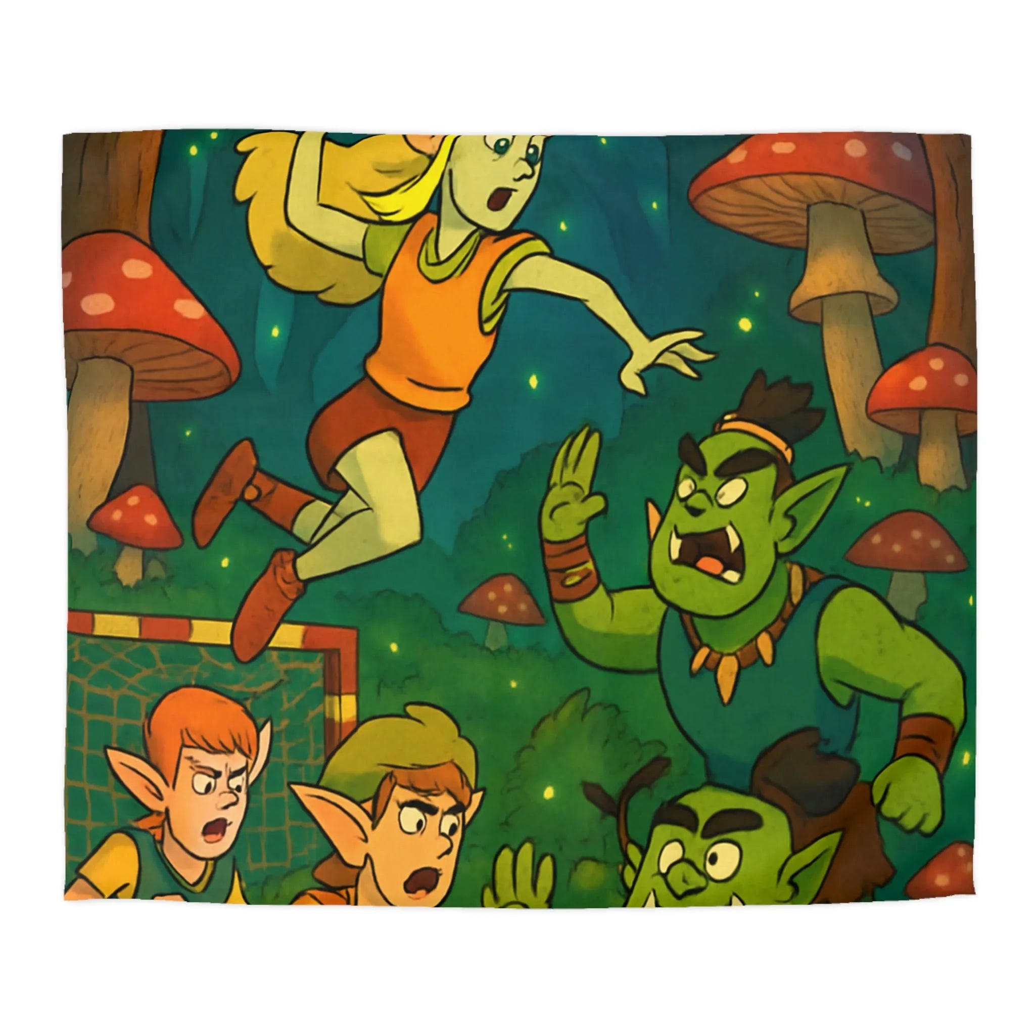 Housse de couette d’elfes joueurs de handball dans une forêt magique illuminée