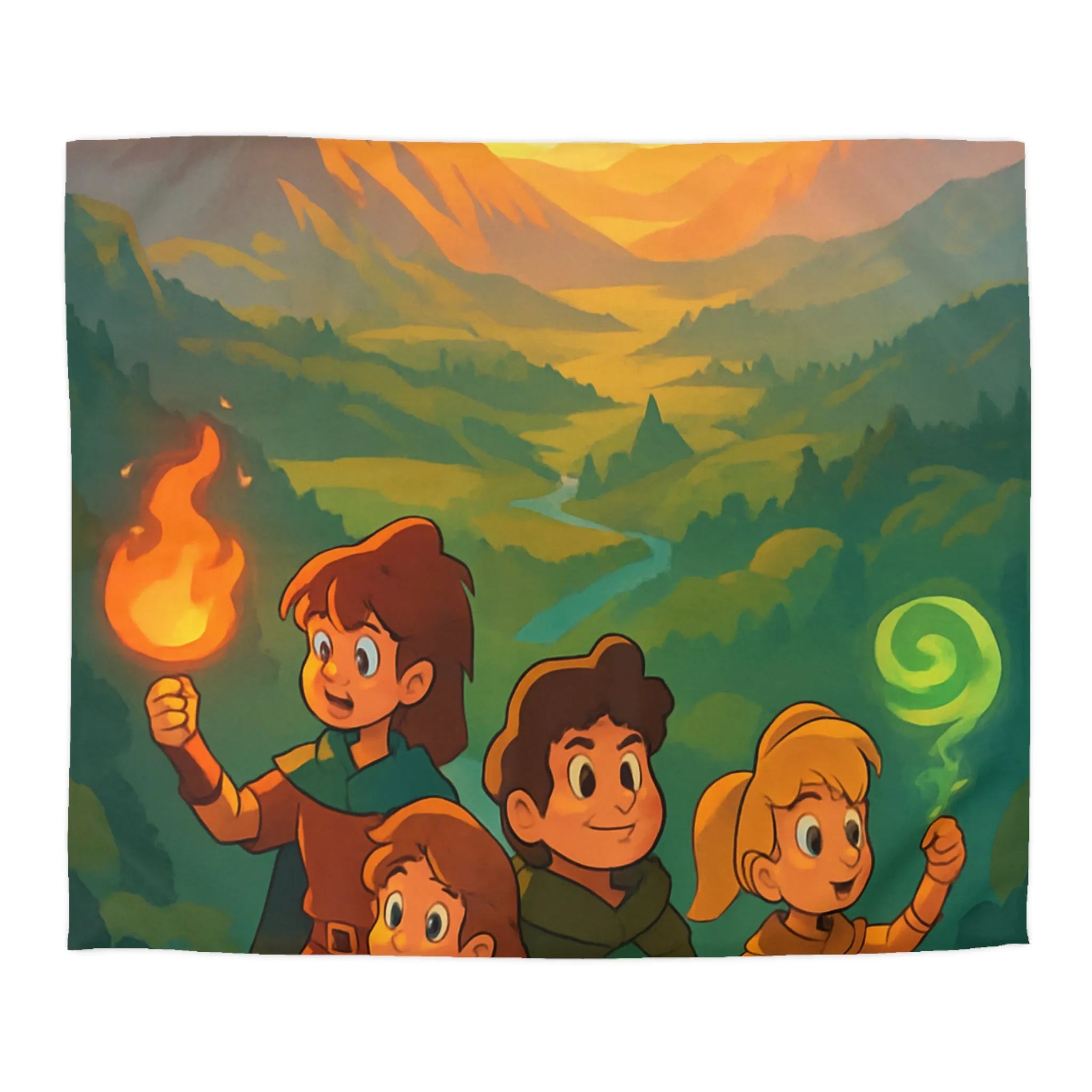 Housse de couette enfants aventure magique montagne nature coucher de soleil fantastique coloré