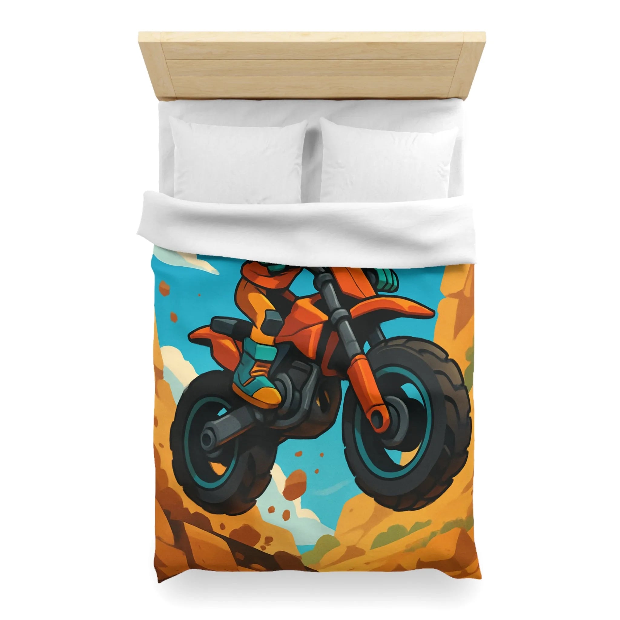 Housse de couette enfant motocross orange avec paysage montagneux et ciel bleu vif