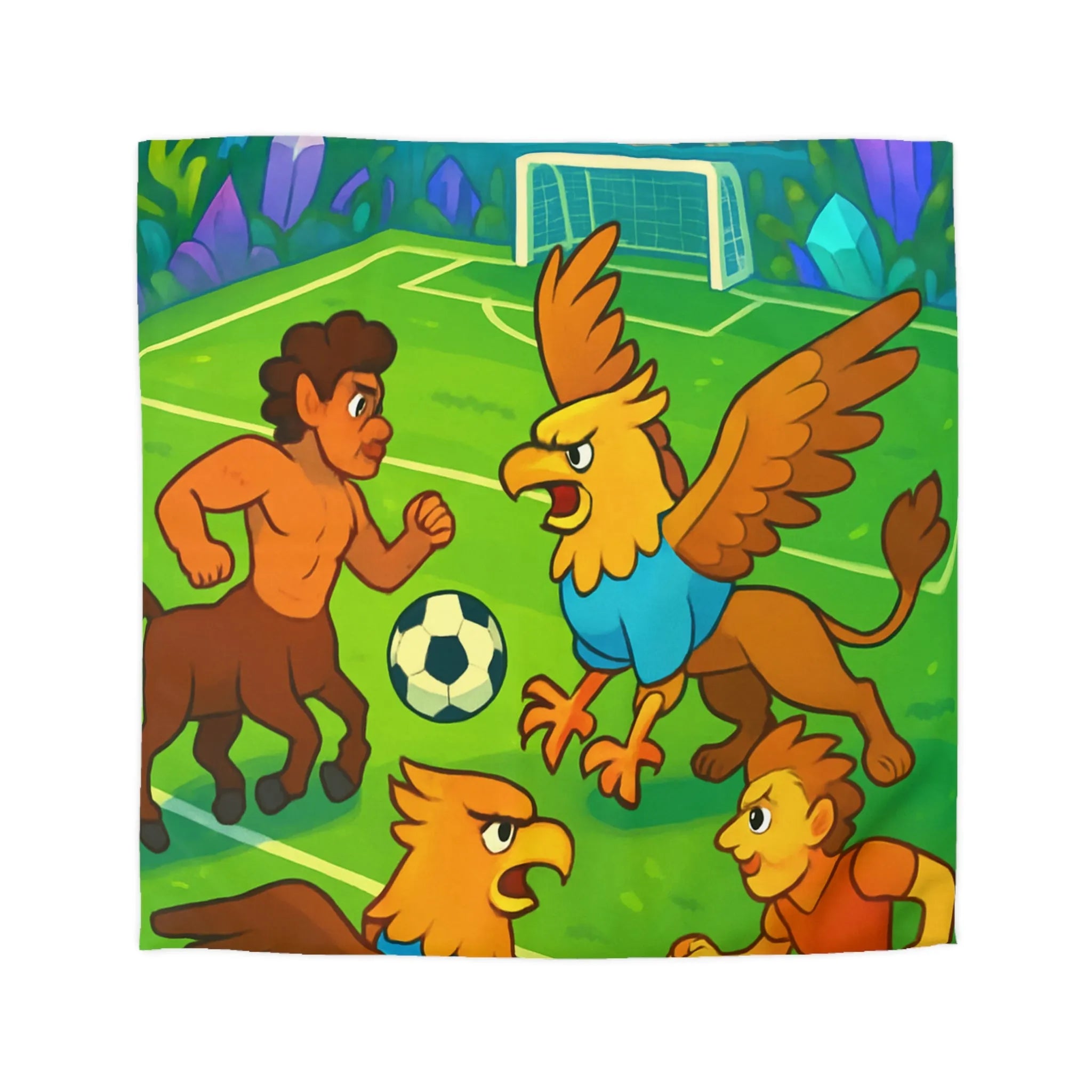 Housse de couette football fantastique avec centaures et griffons sur terrain magique