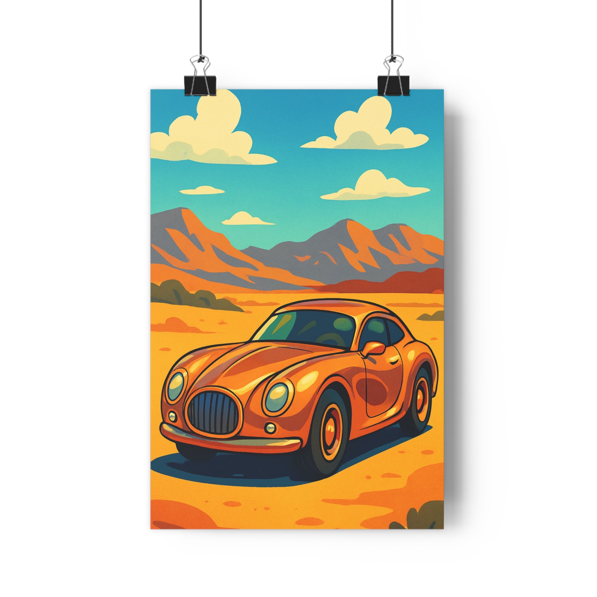 Poster décoratif voiture sportive orange paysage désertique cartoon salon moderne ambiance chaleureuse 30x46 minimaliste
