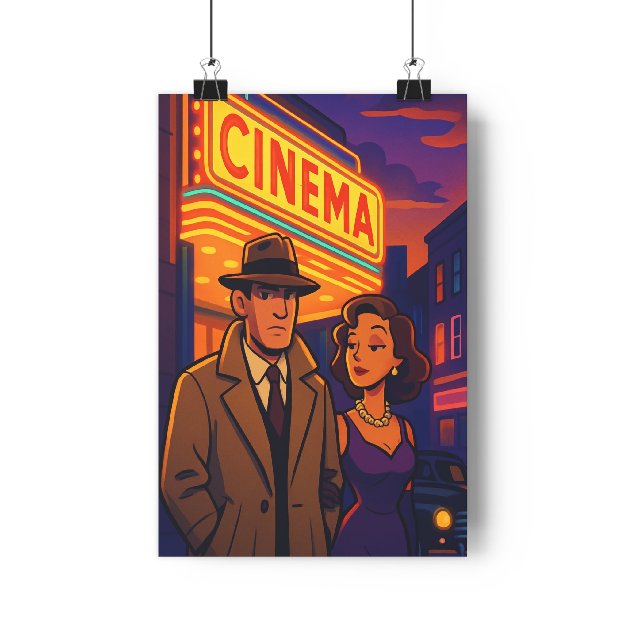 Poster décoratif vintage cinéma scène rétro homme femme trenchcoat chapeau salon chambre lumineux ambiance