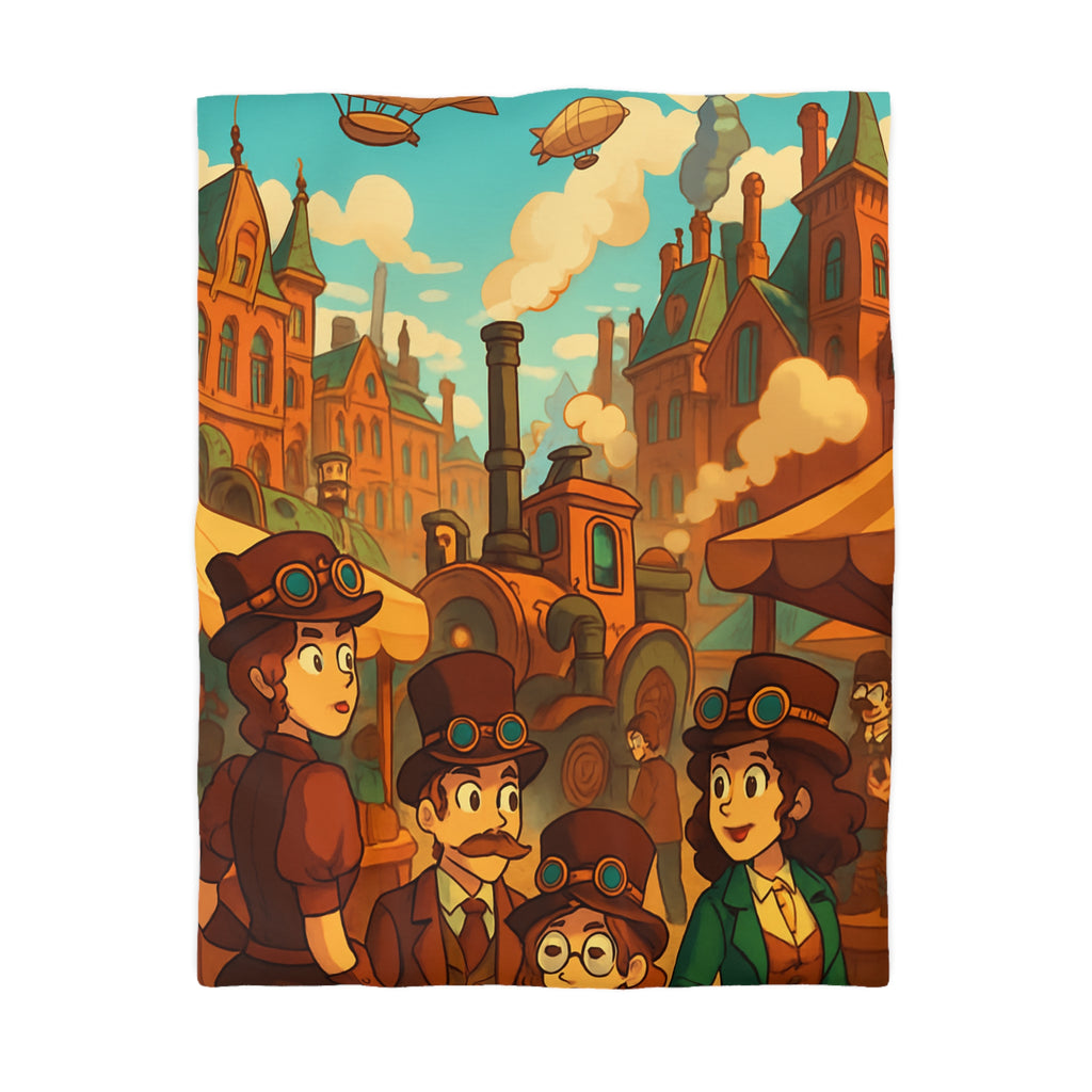Housse de couette steampunk rétro avec famille, dirigeables et ville victorienne animée