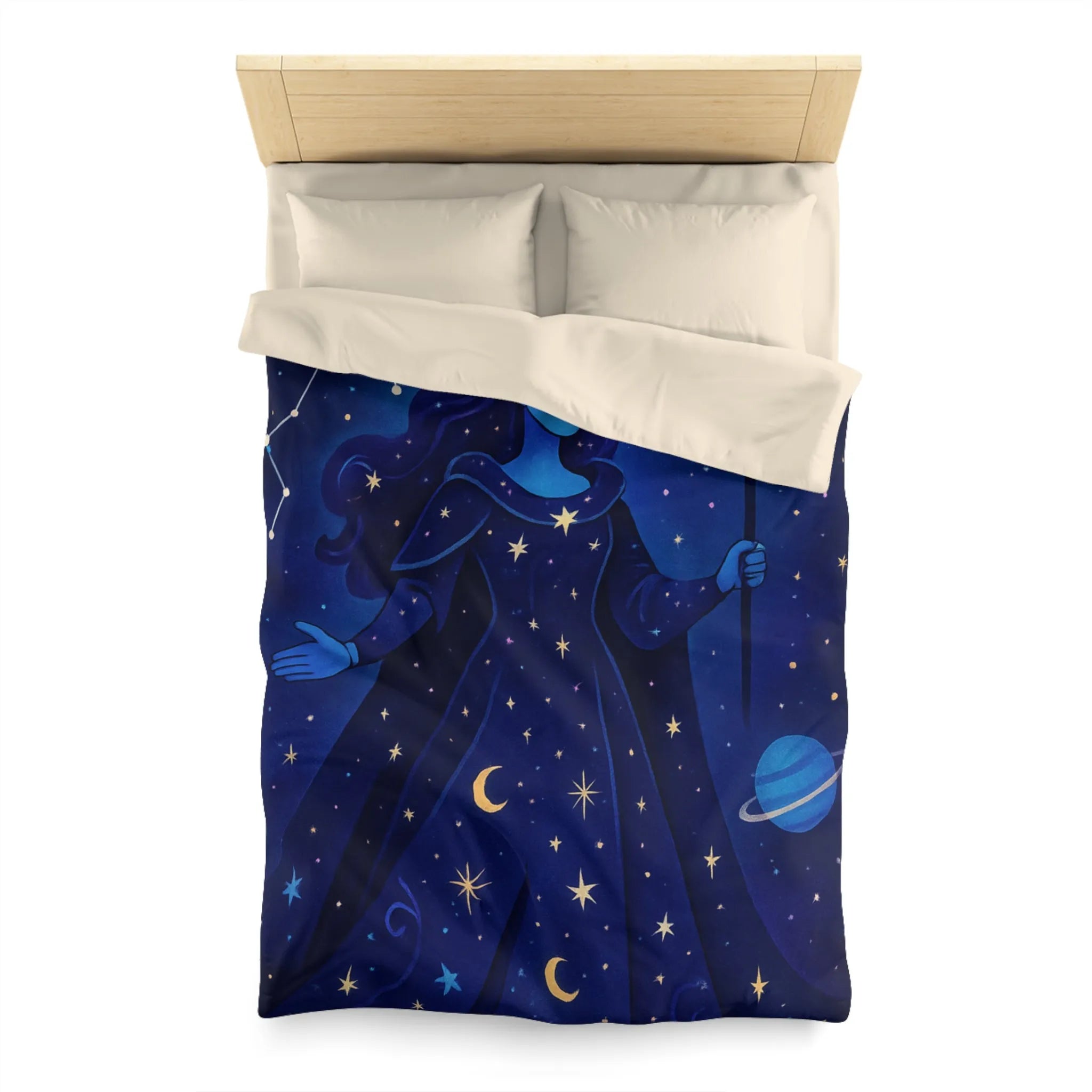 Housse de couette illustration déesse cosmique étoiles lune mystique bleu nuit magique