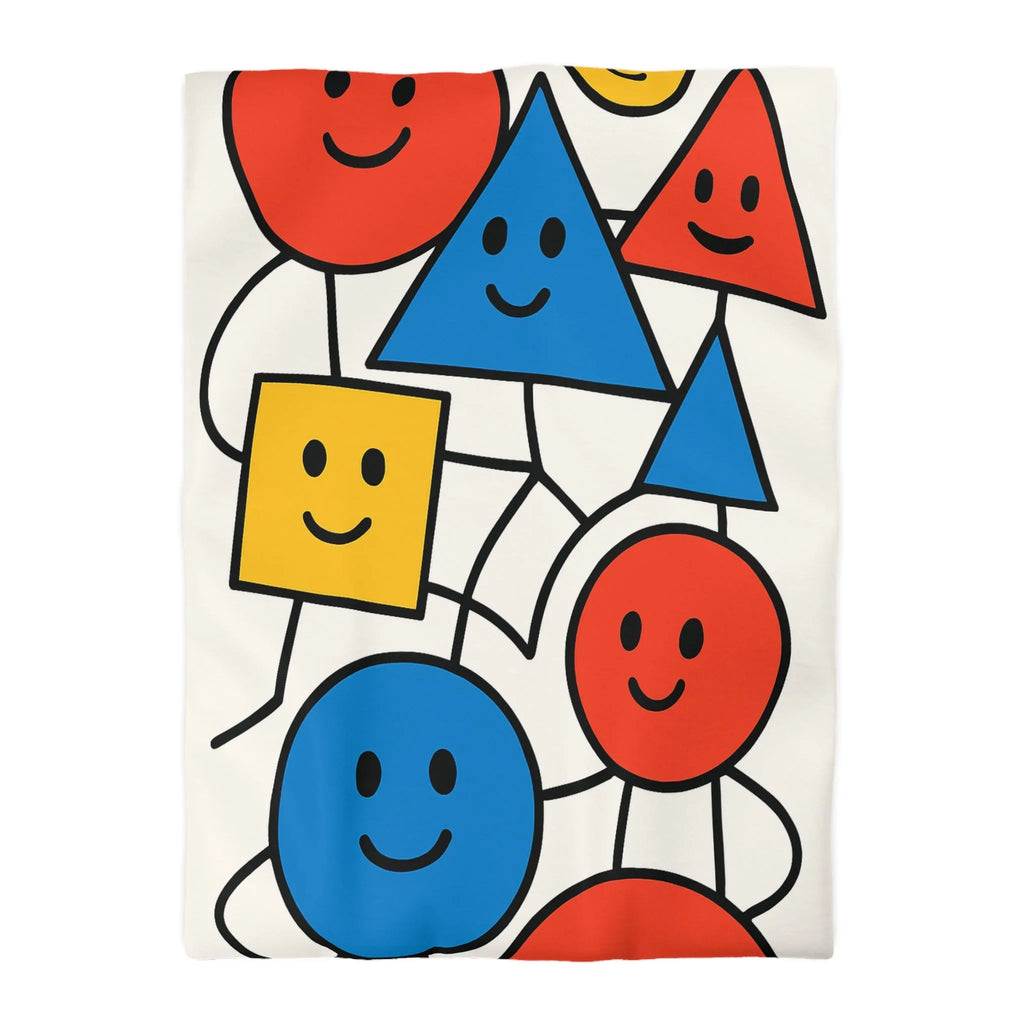 Housse de couette colorée avec formes géométriques amusantes et visages souriants pour enfants