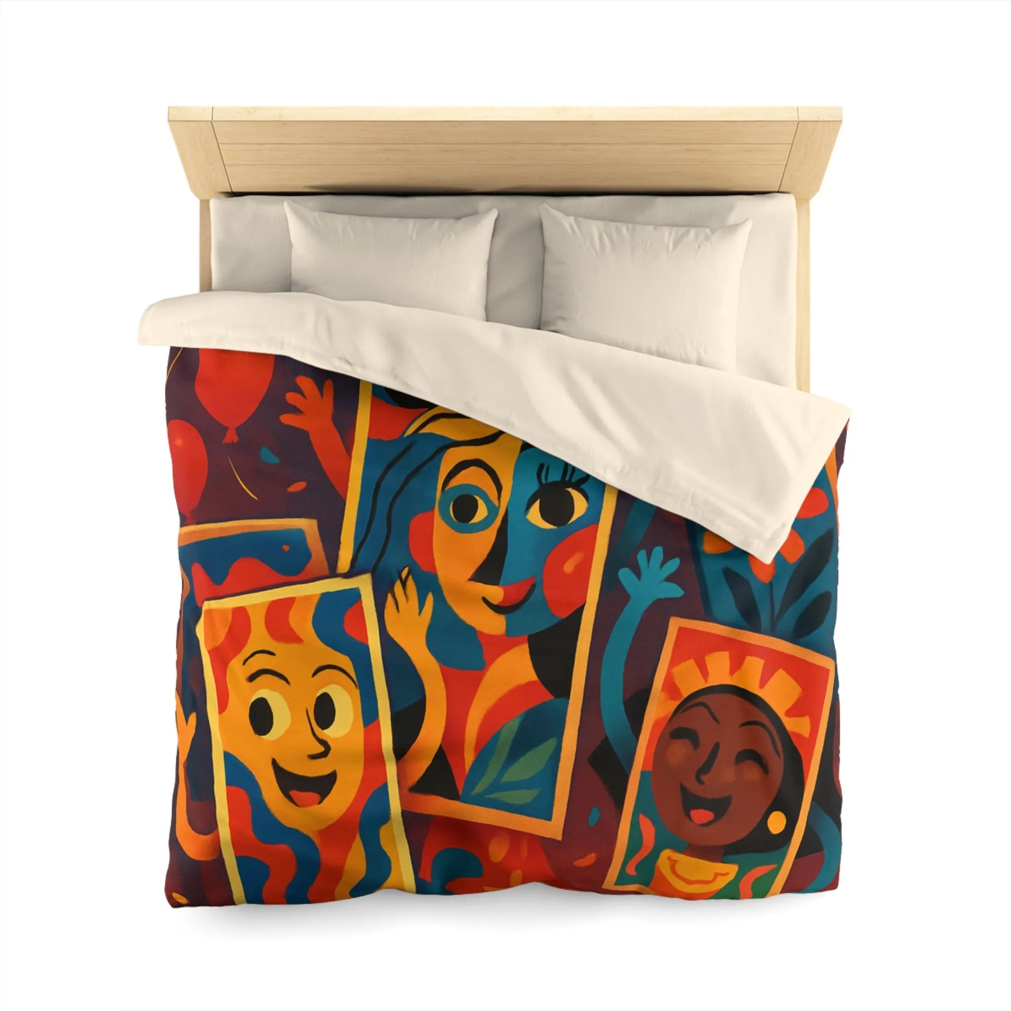 Housse de couette colorée comics avec motifs de fête et personnages joyeux