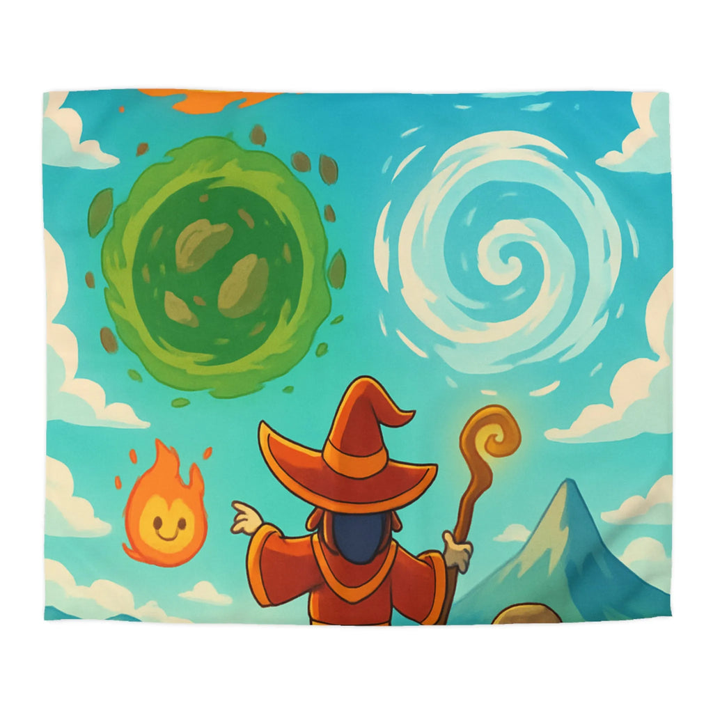 Housse de couette avec illustration magique de sorcier, élémentaires et paysage vibrant