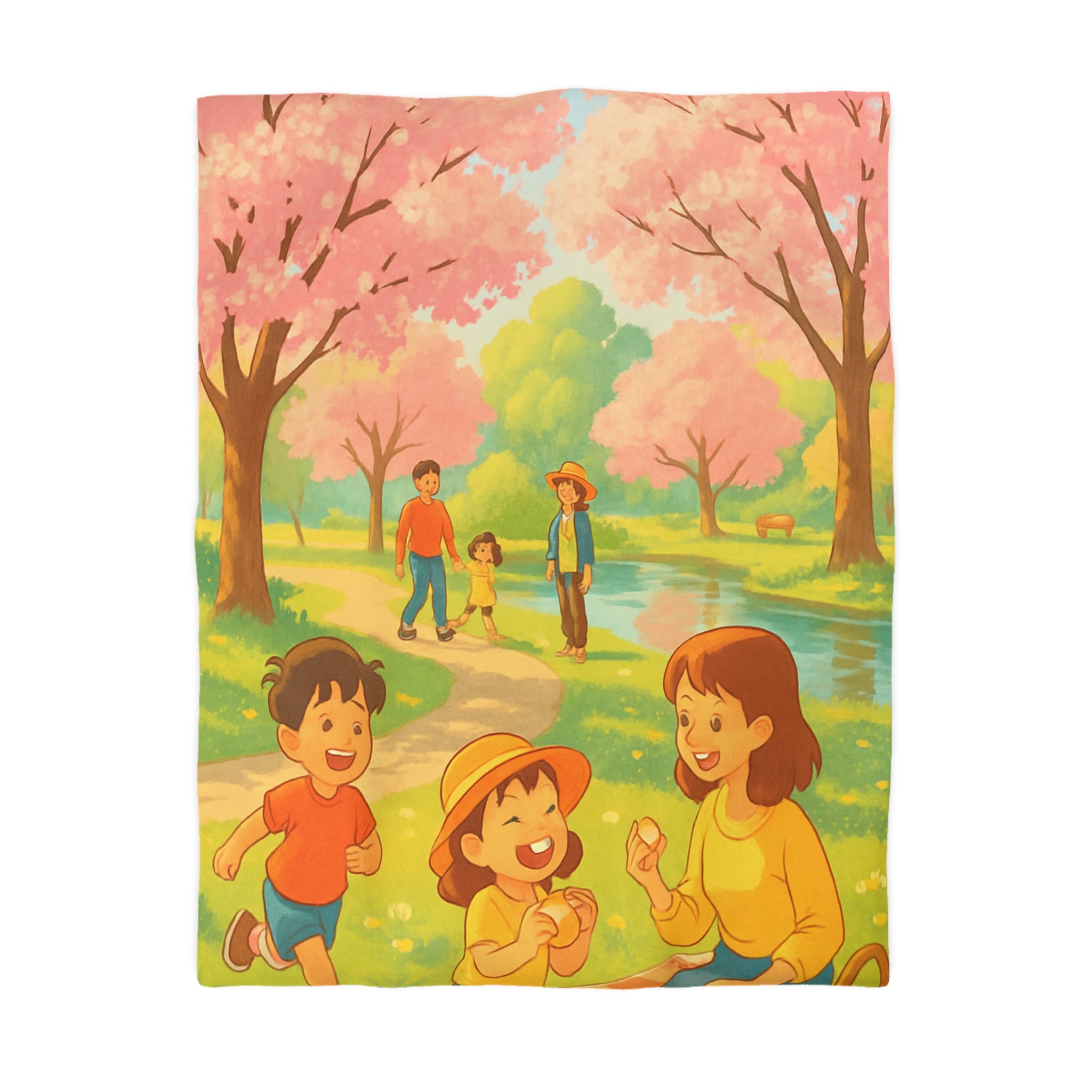 Housse de Couette Printanière avec Scène de Pique-nique Sous Cerisiers en Fleurs