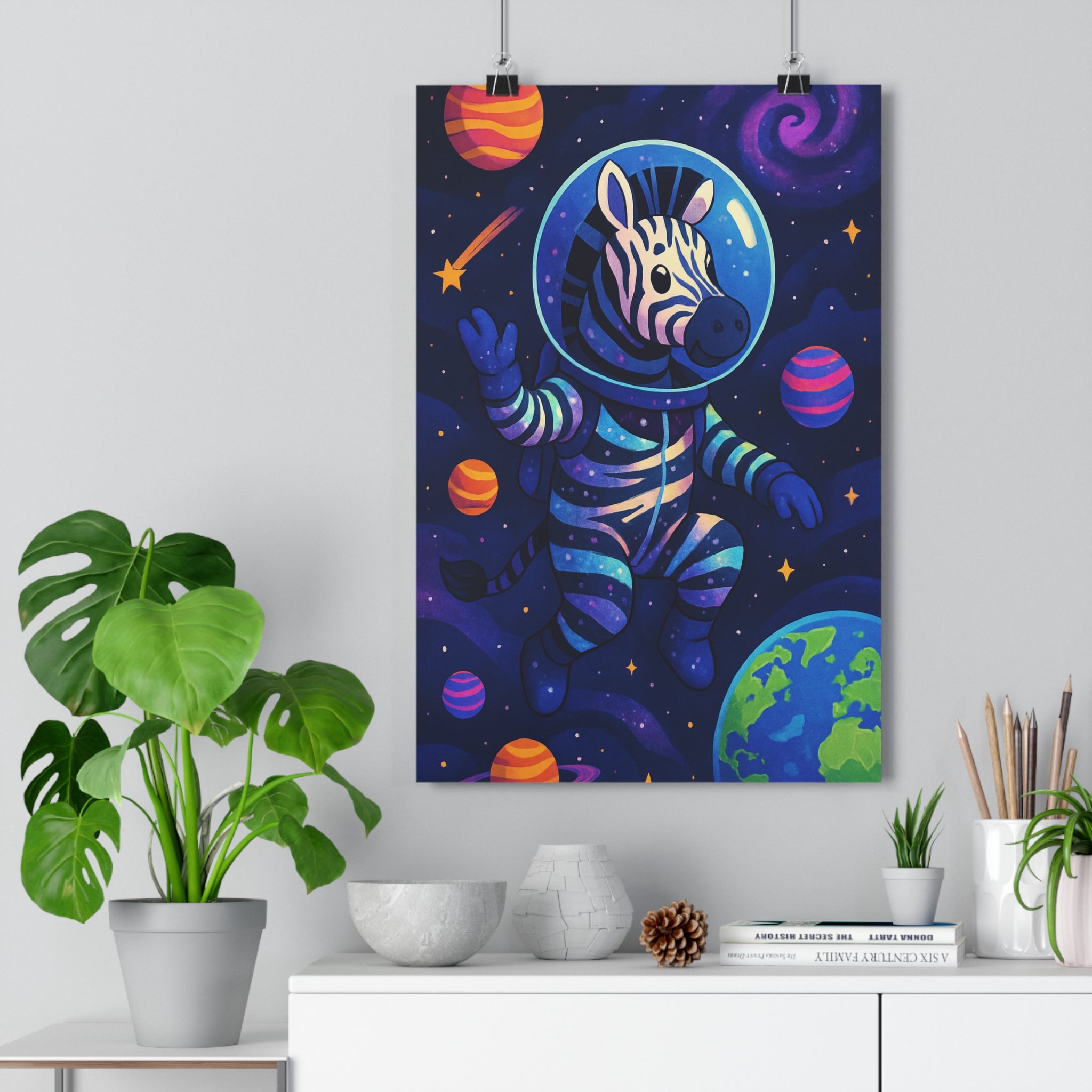 Poster décoratif animé zèbre astronaute espace coloré ludique enfant chambre créatif vibrant 30x46 cm