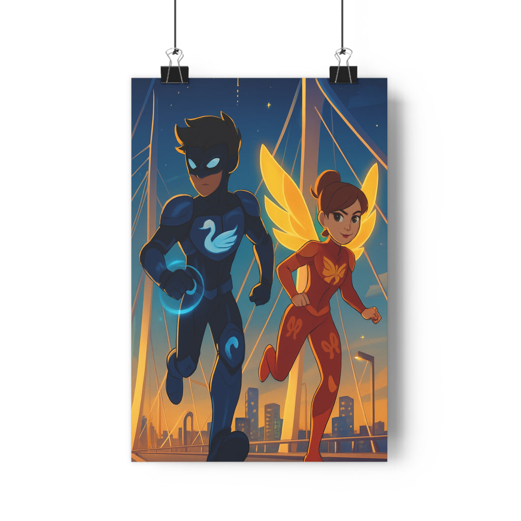 Poster décoratif dynamique bleu rouge jaune enfant héroïque aventure moderne lumineux pont 30x46 chambre