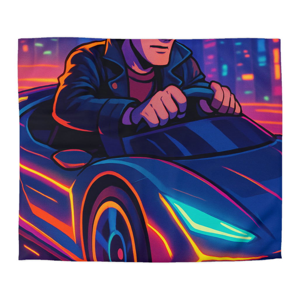Housse de couette urbaine rétro futuriste avec néons et voiture sportive élégante