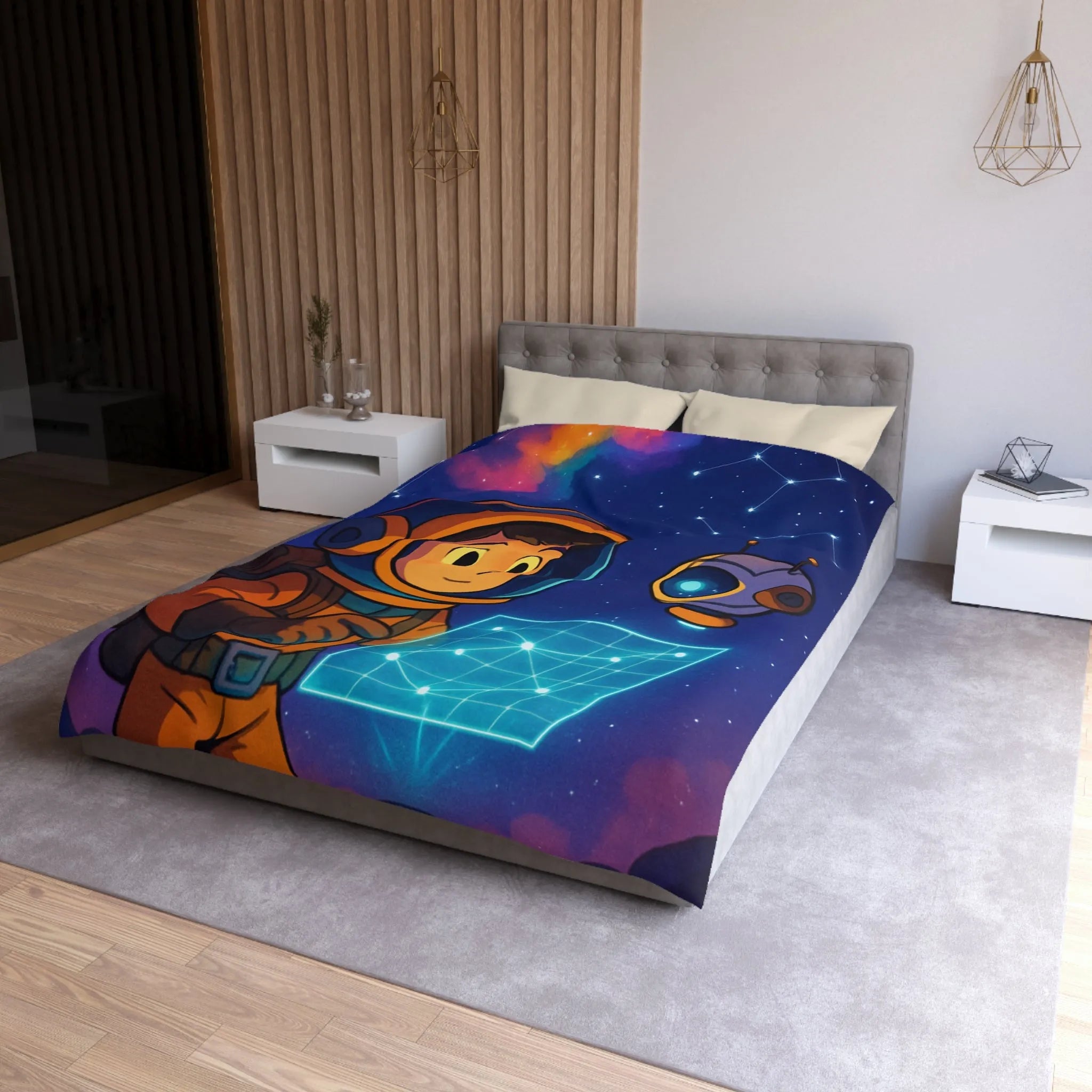 Housse de Couette Enfantine Astronaute et Robot Explorent le Ciel Étoilé Fantastique