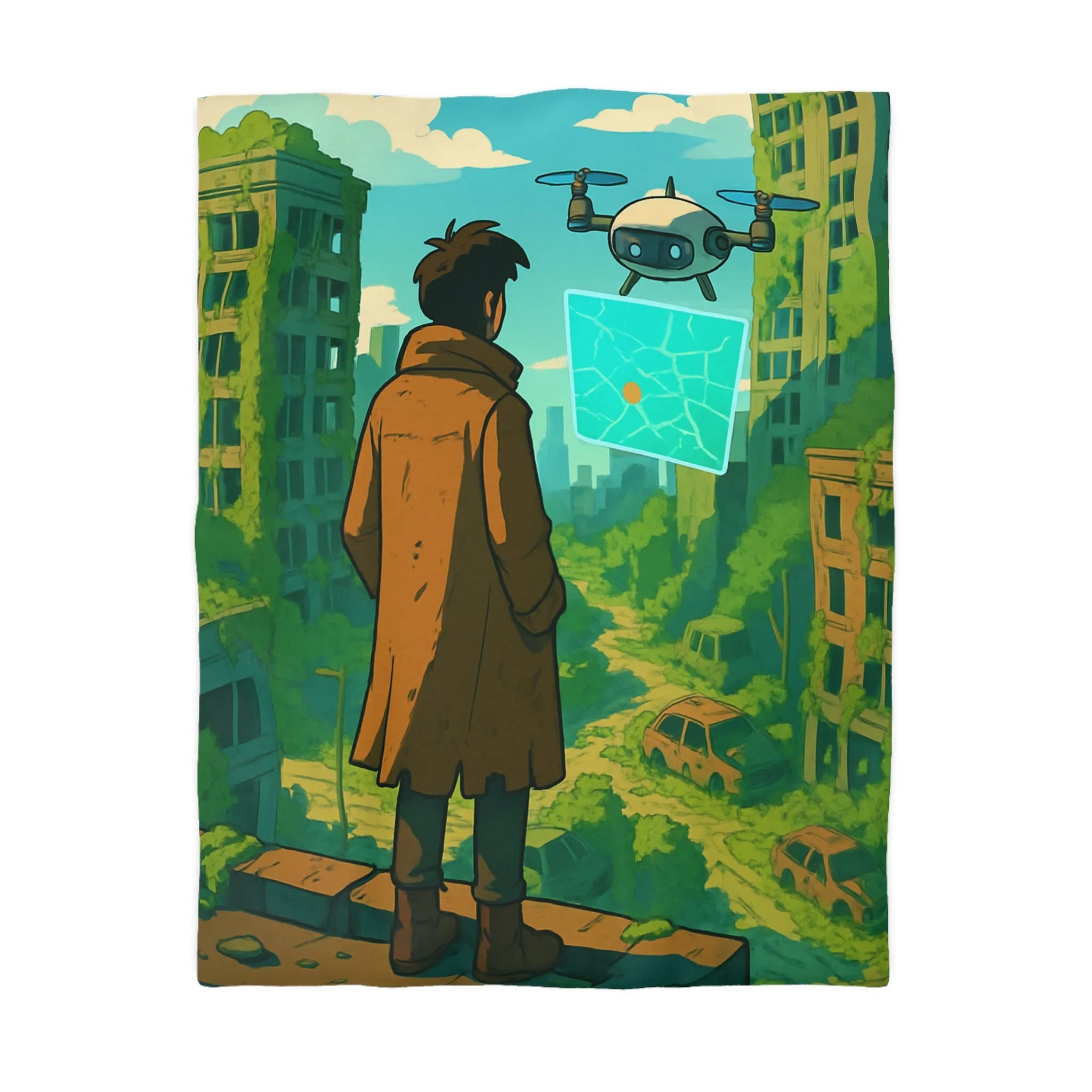 Housse de couette aventure post-apocalyptique avec drone et carte, style urbain nature