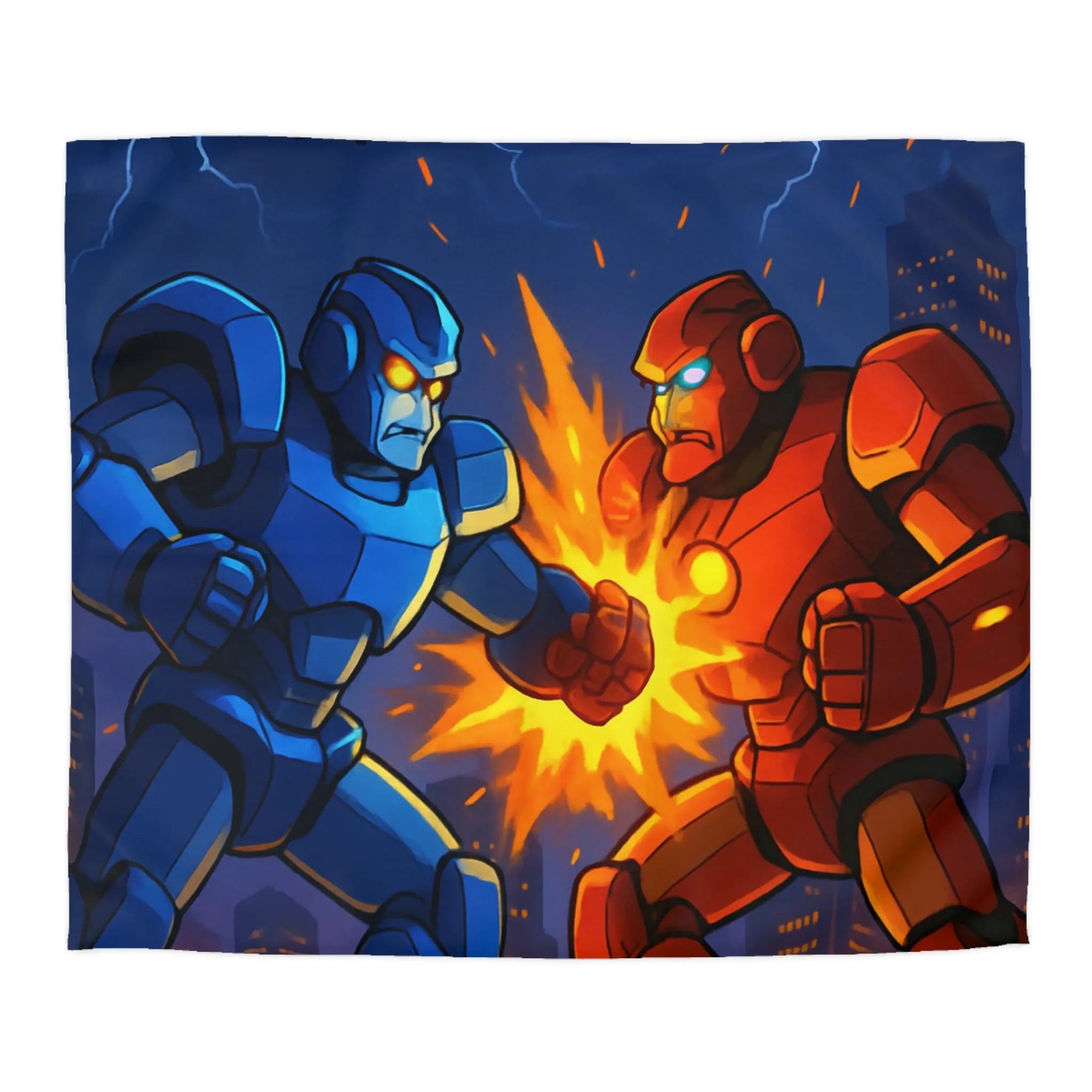 Housse de couette futuriste robots en combat dans une ville éclairée par l'orage