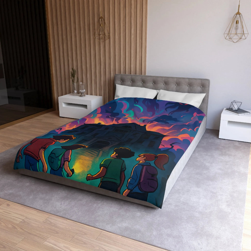 Housse de couette colorée avec maison hantée et nuages effrayants pour chambre inspirée