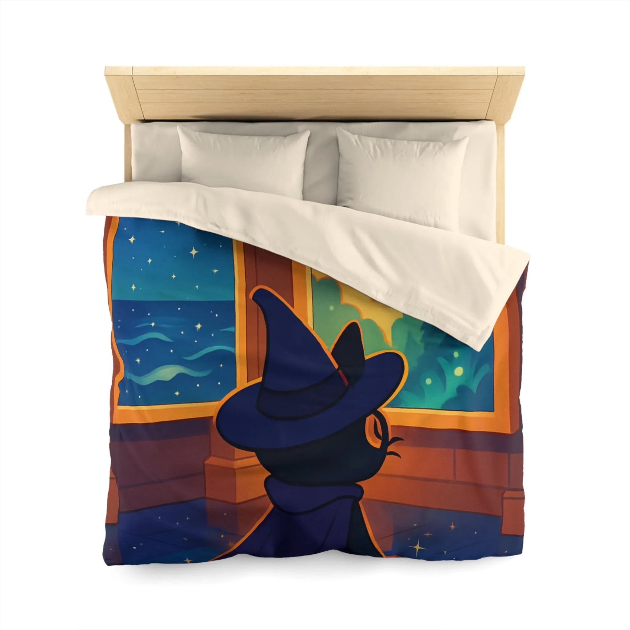 Housse de couette ambiance nocturne avec chat sorcier et paysages enchanteurs colorés