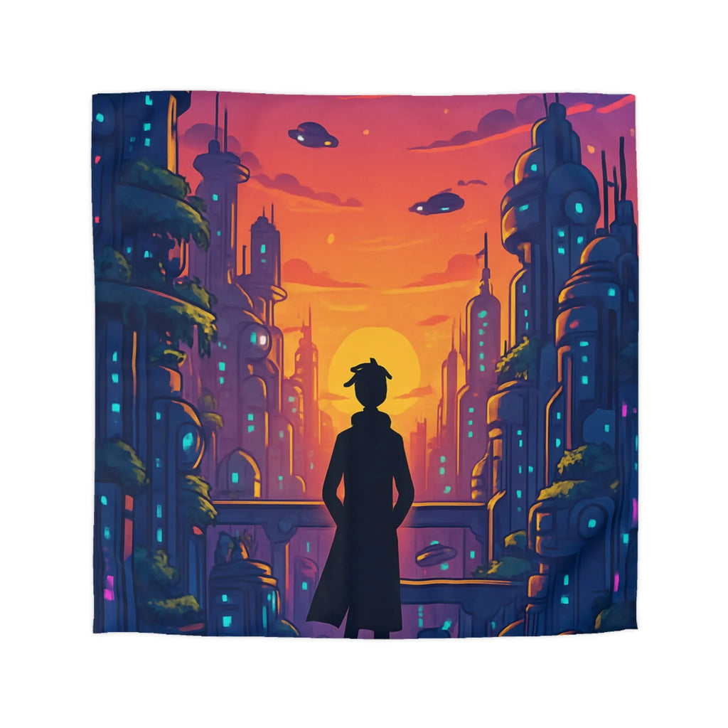 Housse de Couette Futuriste avec Paysage Urbain et Ciel Étoilé Orange et Bleu