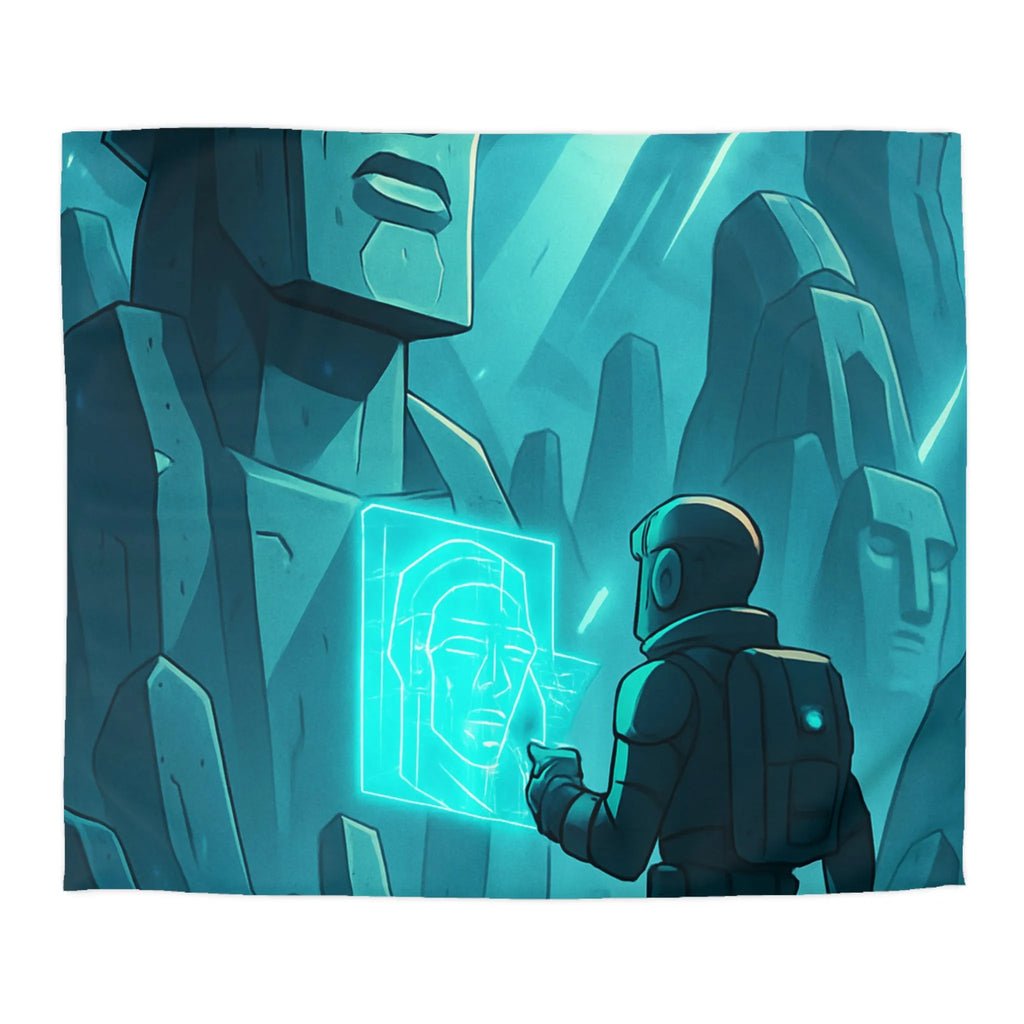 Housse de couette futuriste avec statues anciennes et explorateur dans une ambiance lumineuse néon