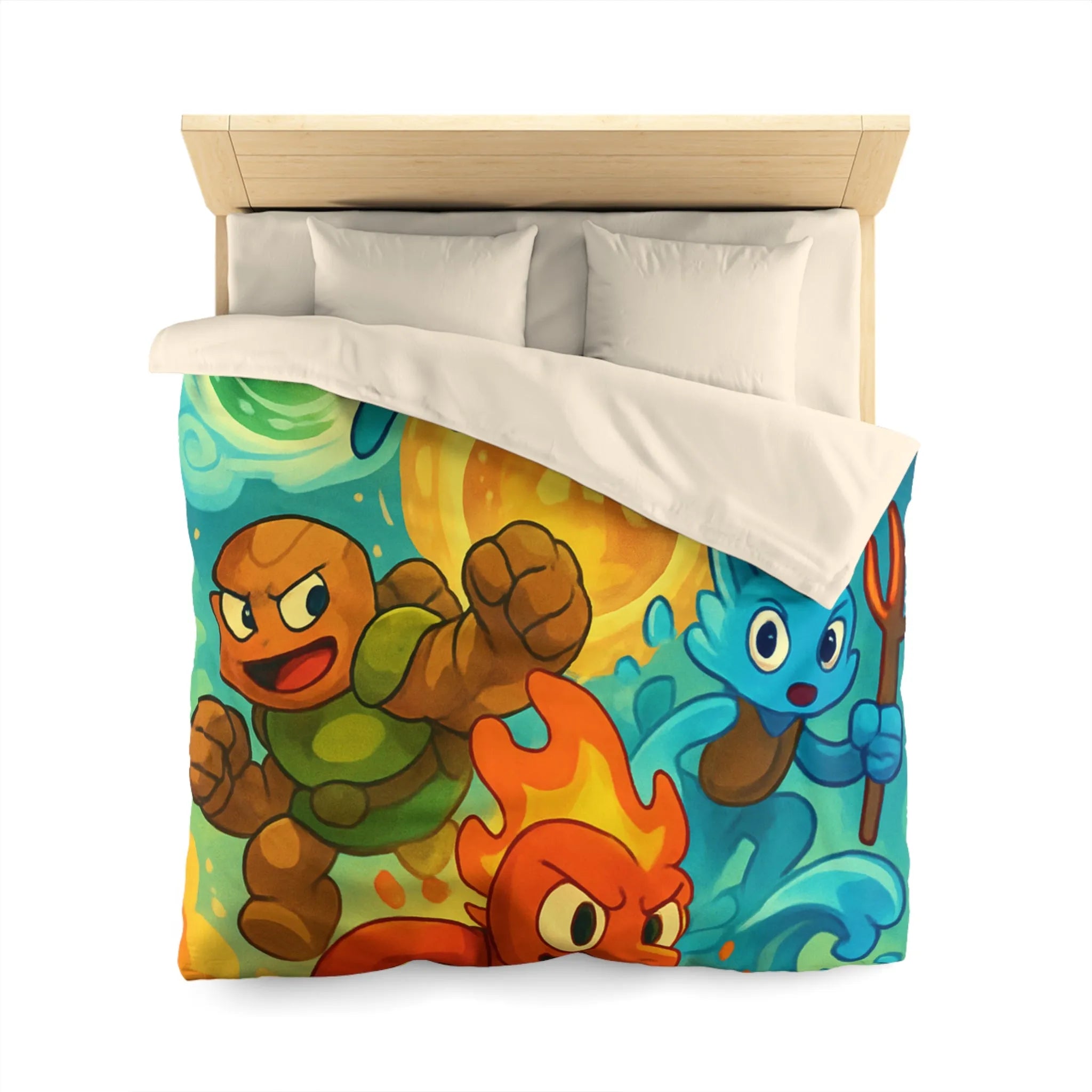 Housse de couette colorée avec motif de personnages d'éléments dans style aventure fantastique