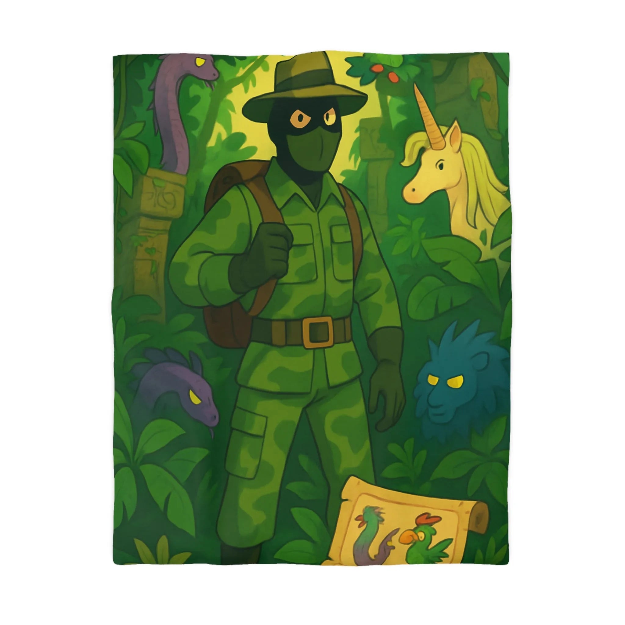 Housse de couette avec explorateur aventurier parmi créatures fantastiques et forêt luxuriante