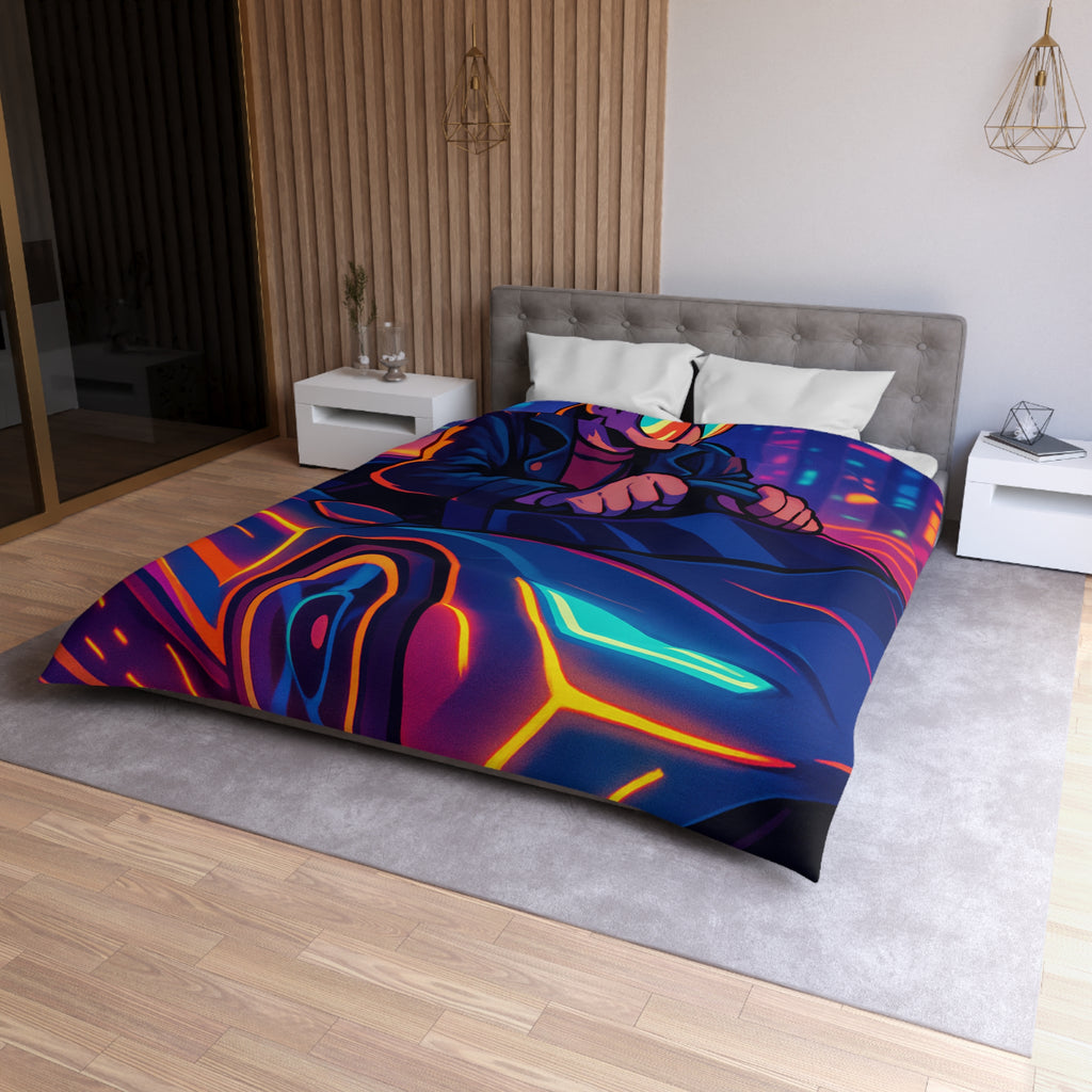 Housse de couette urbaine rétro futuriste avec néons et voiture sportive élégante