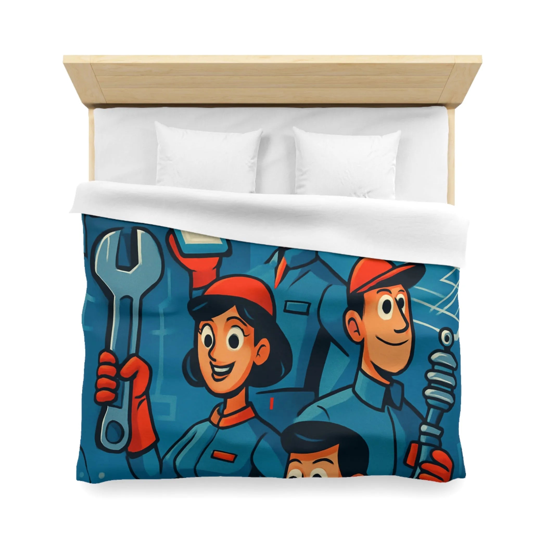Housse de Couette Industrielle avec Équipe de Travail Souriante dans Tonalités Bleues et Rouges