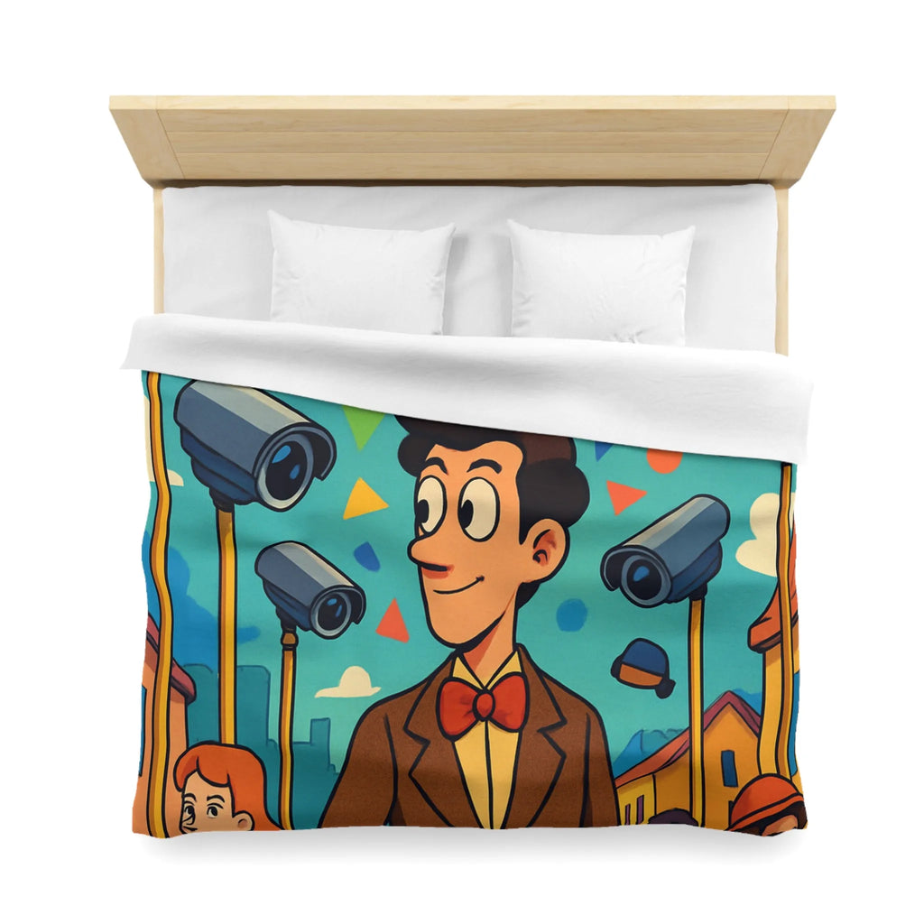 Housse de couette colorée avec motifs géométriques et personnages sous caméras de surveillance