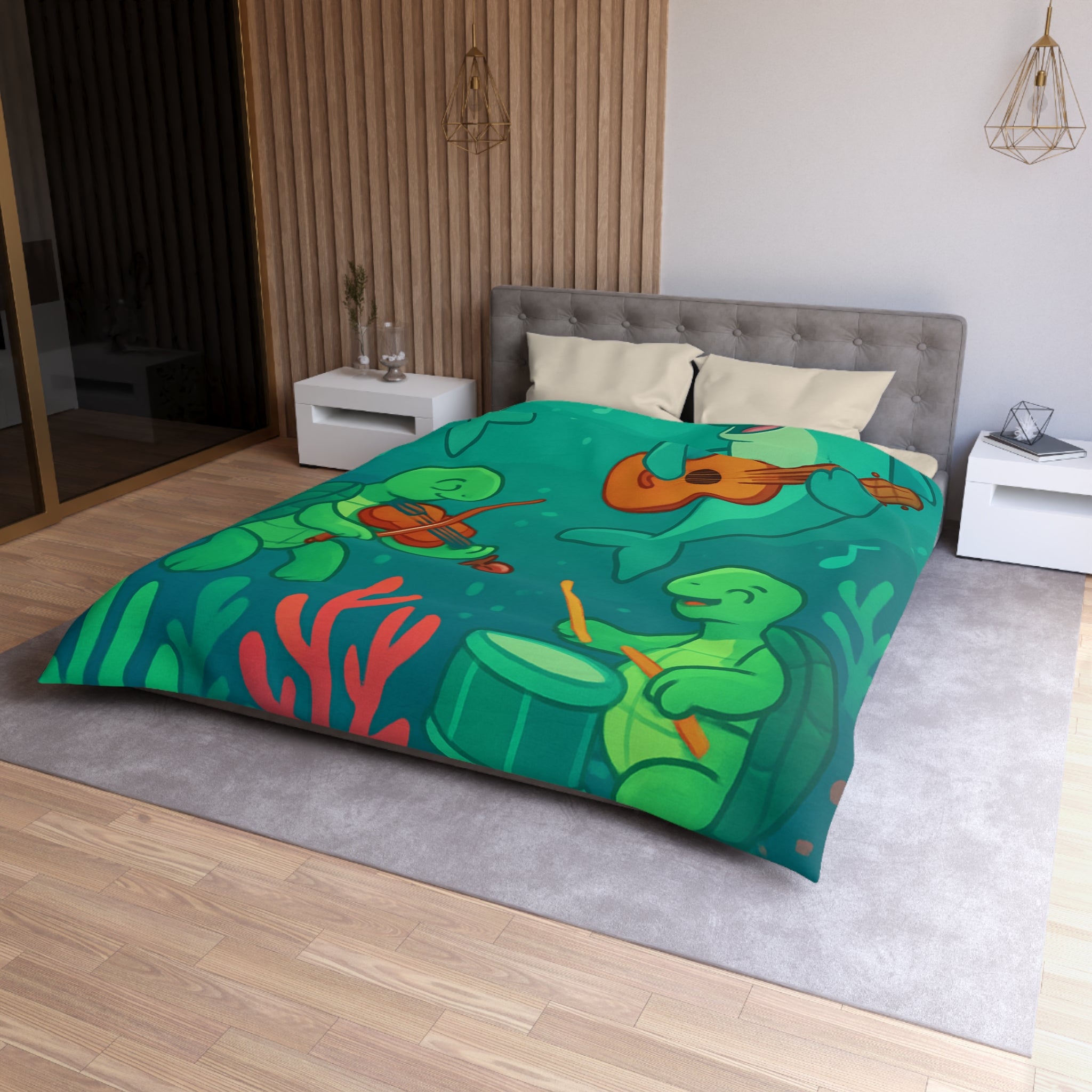 Housse de couette sous-marine avec dauphins et tortues jouant de la musique joyeuse