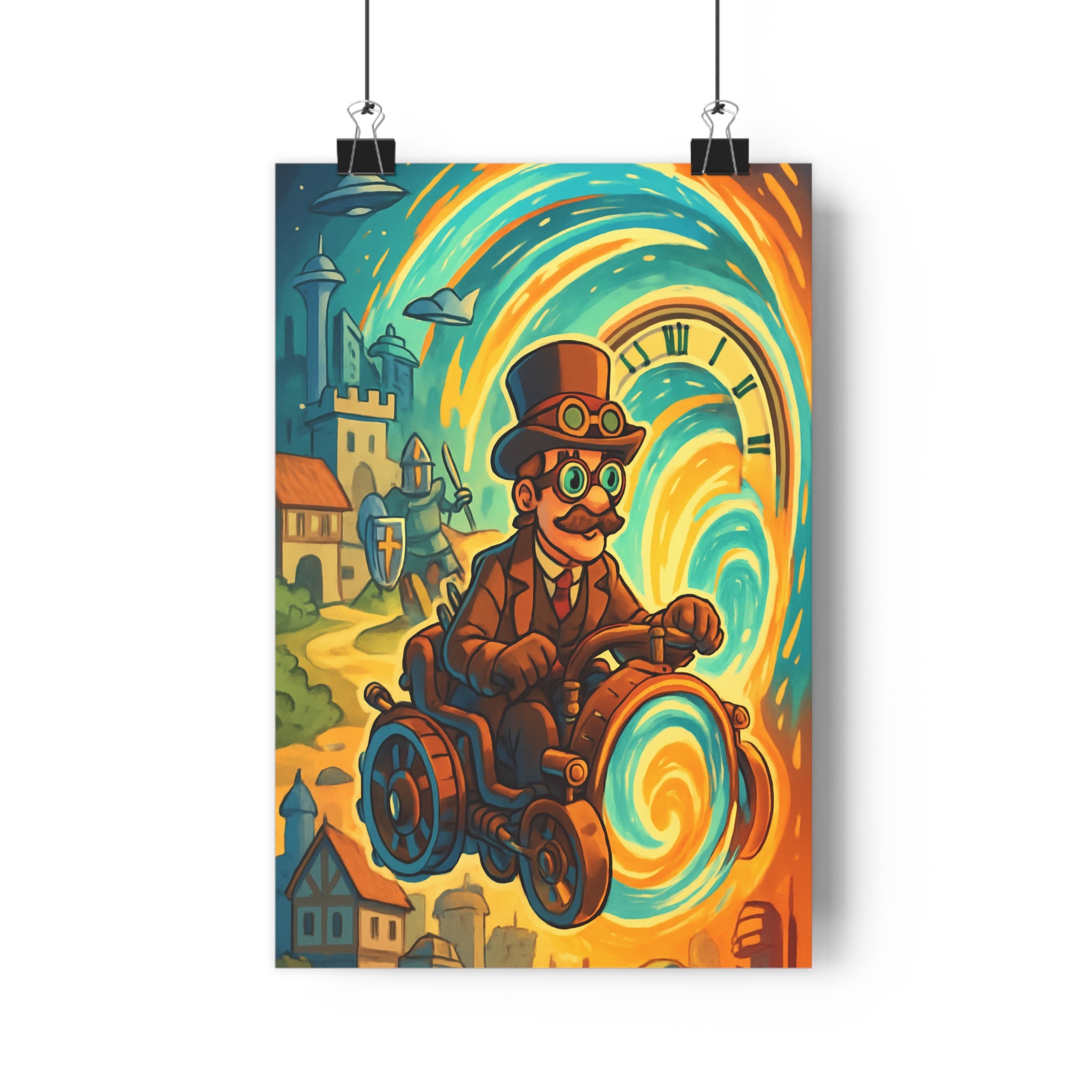 Poster décoratif steampunk aventure voyageur bleu orange cartoon salon enfant dynamique captivant unique médiéval