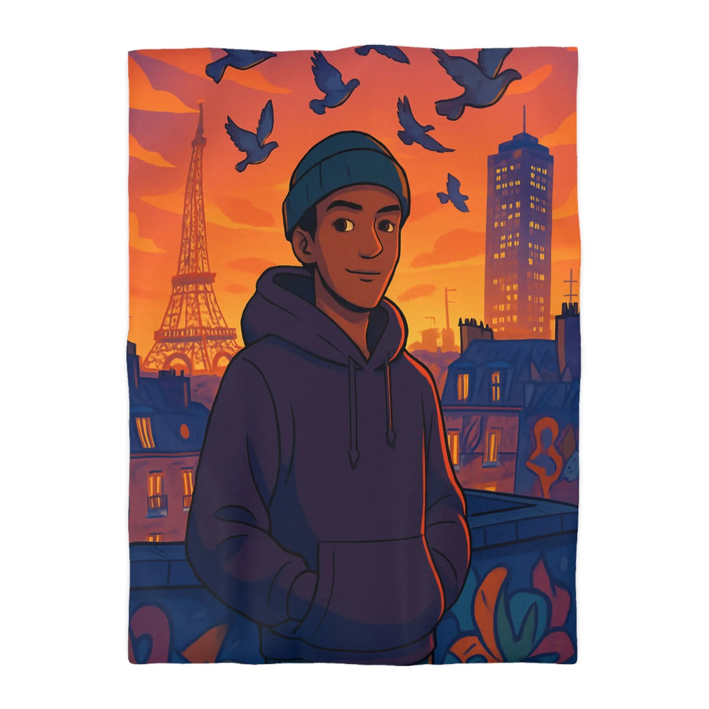 Housse de couette colorée avec ville, tour emblématique et vol de pigeons au crépuscule