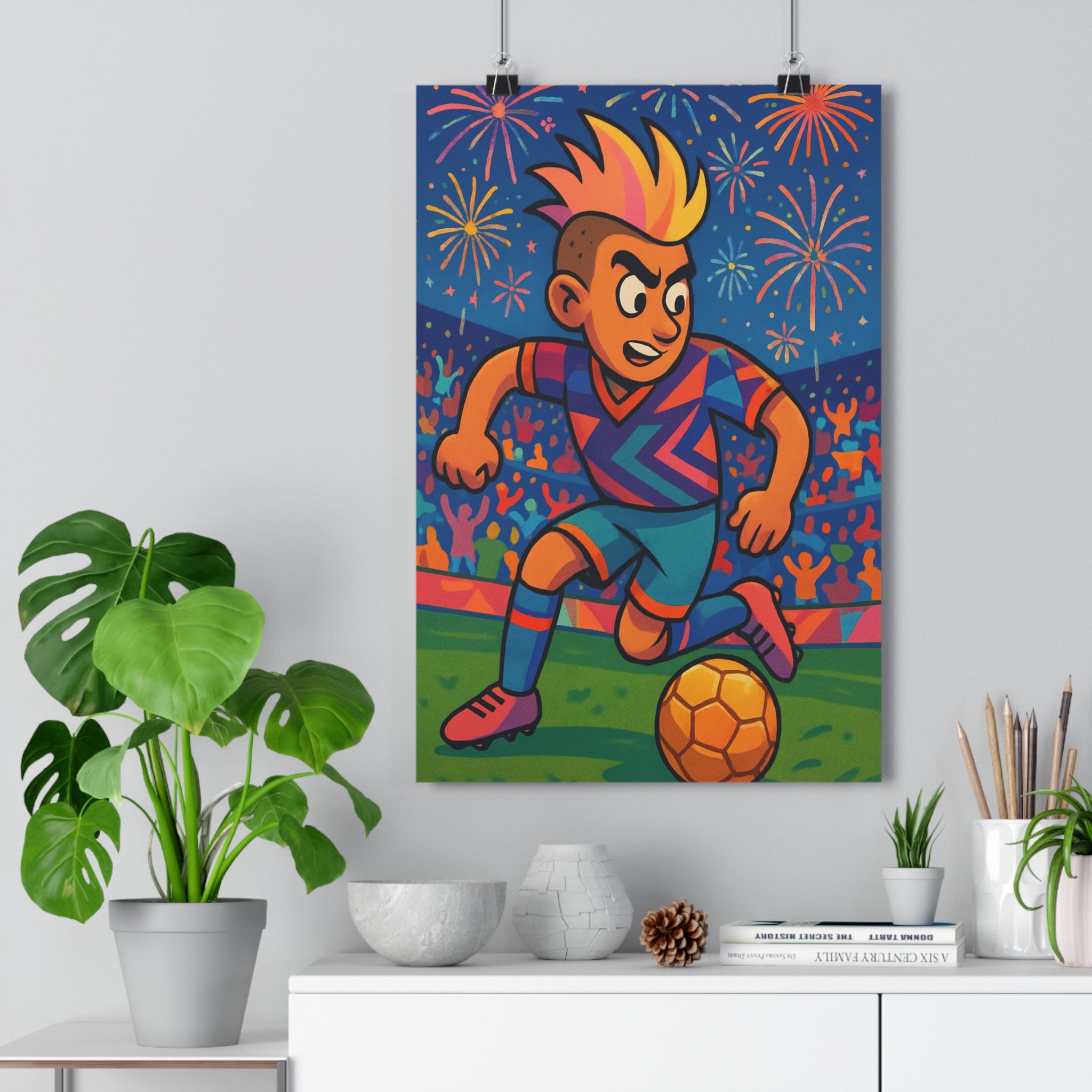 Poster décoratif cartoon football coloré énergique dynamique vibrant joyeux chambre enfant art mural festif