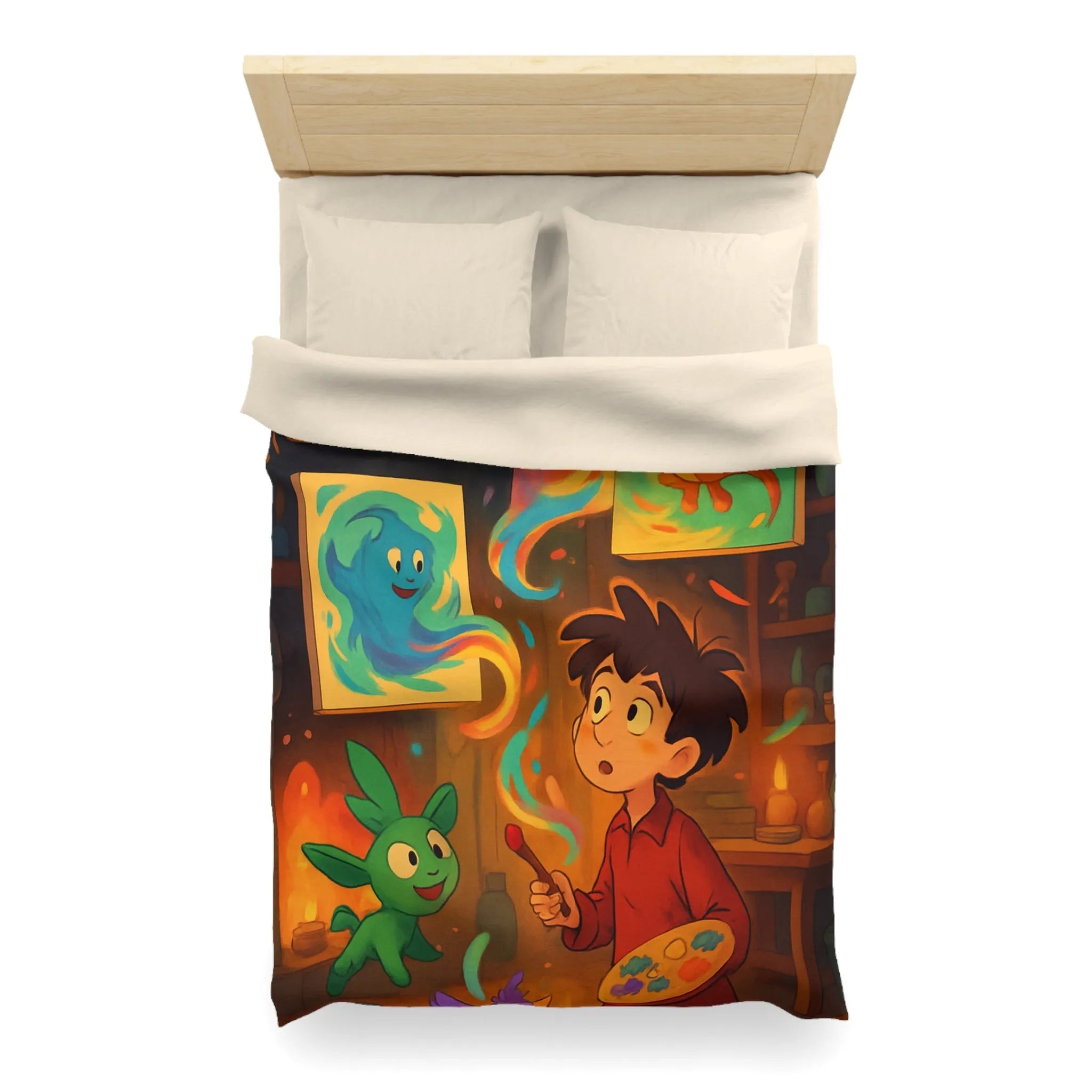 Housse de couette magique illustrant un artiste jeunesse avec créatures fantastiques et peintures lumineuses