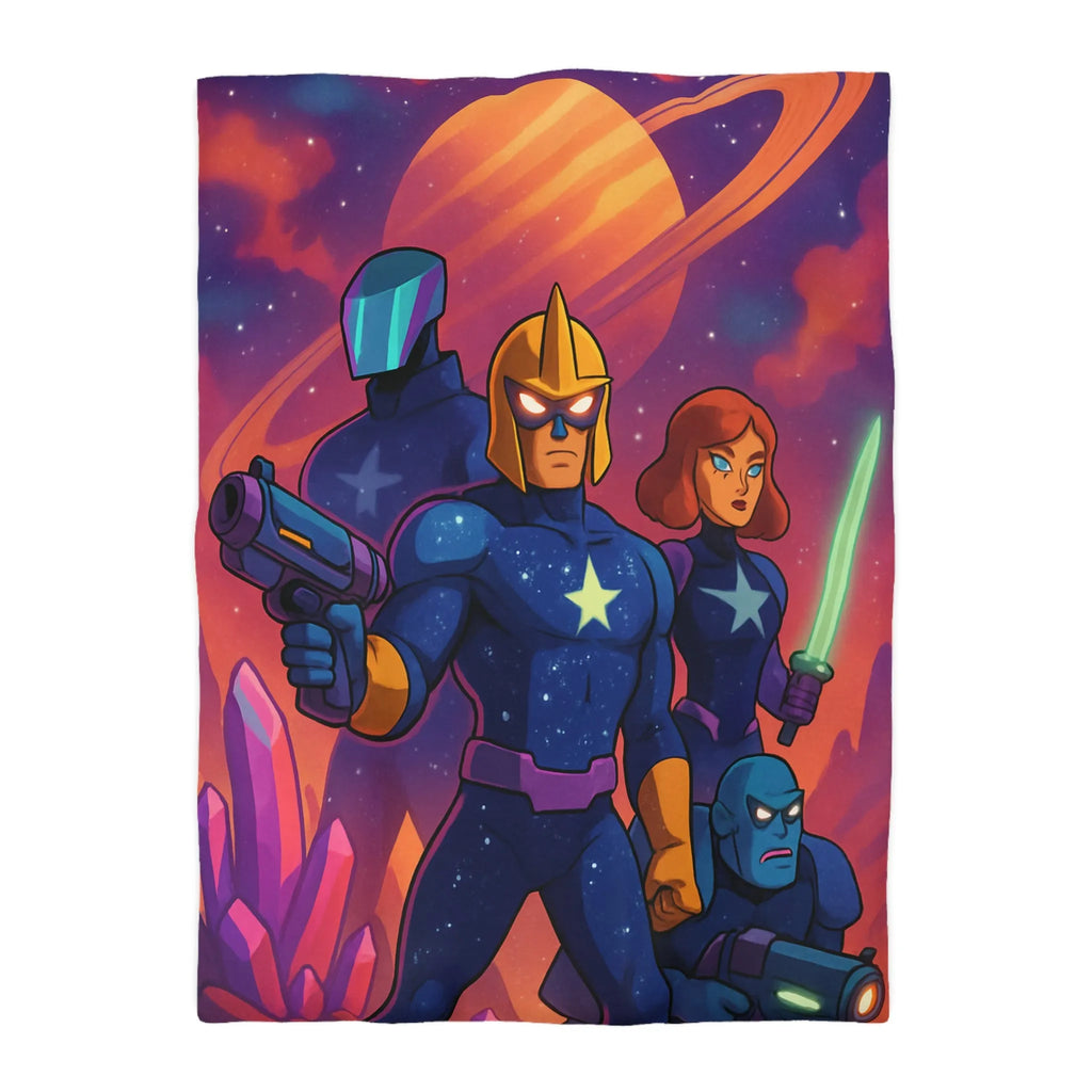 Équipe de héros galactiques armés dans une scène spatiale vibrante avec cristaux