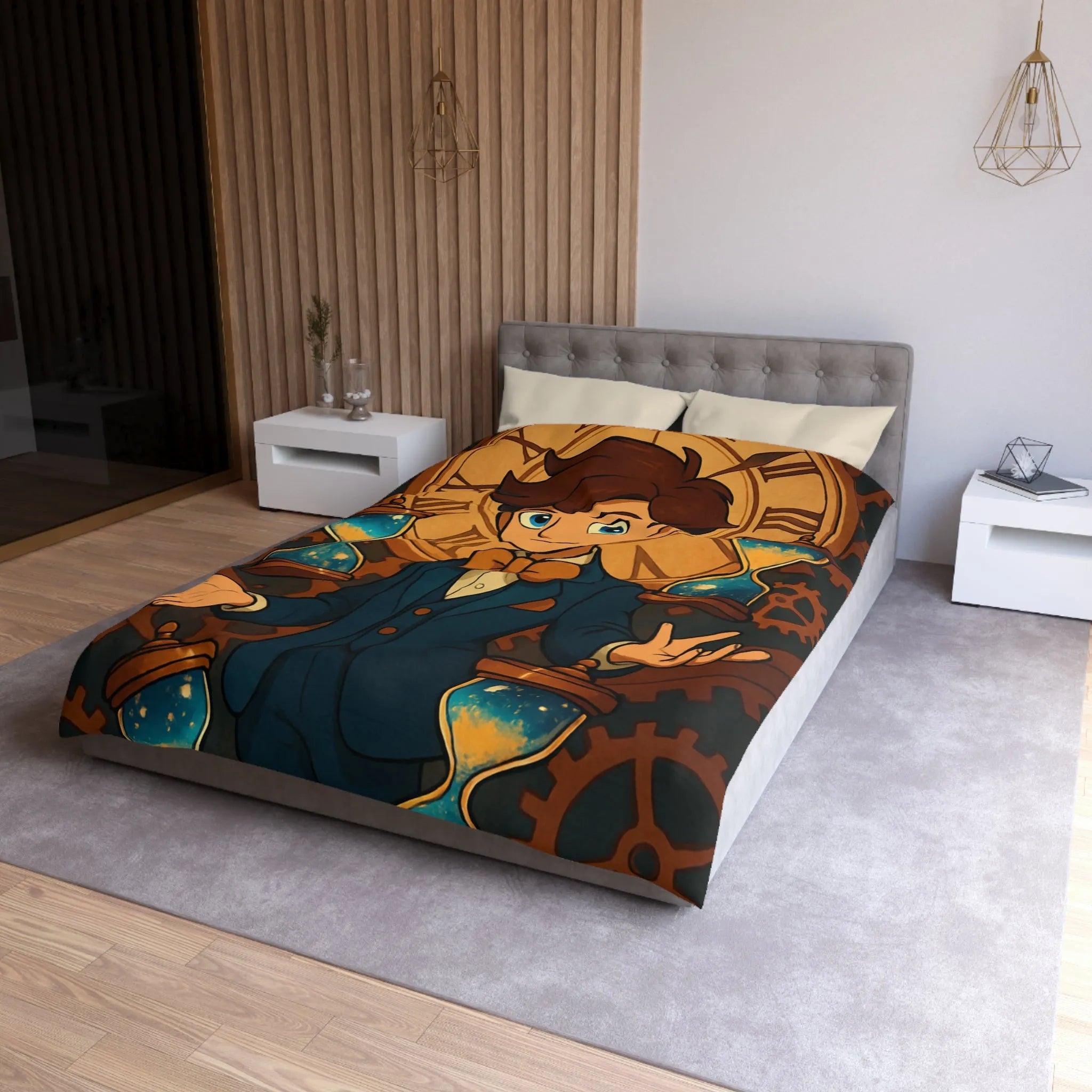 Élégante housse de couette thème horloger avec personnage stylisé et sabliers dorés