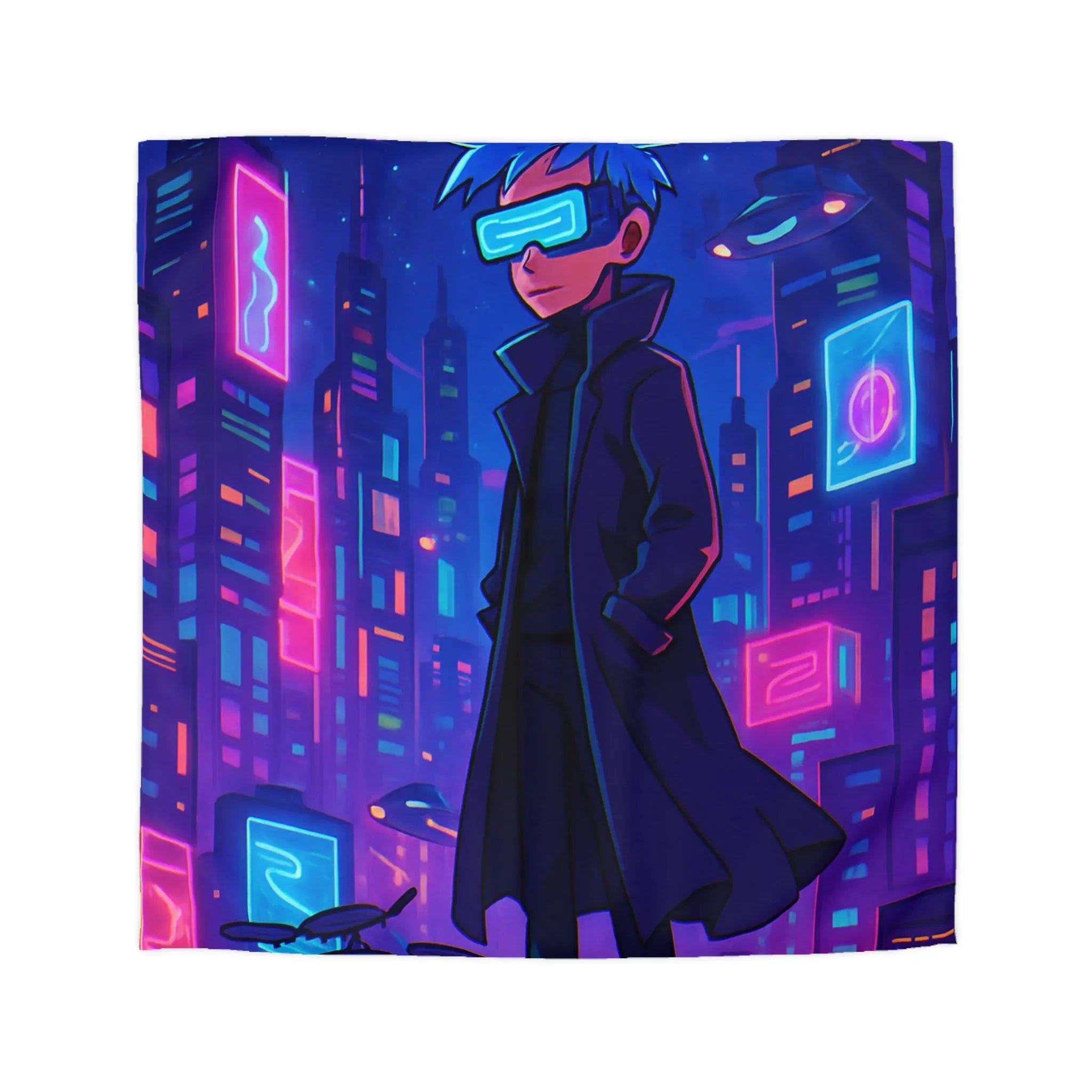 Housse de couette en néon futuriste avec personnage mystérieux et skyline cyberpunk