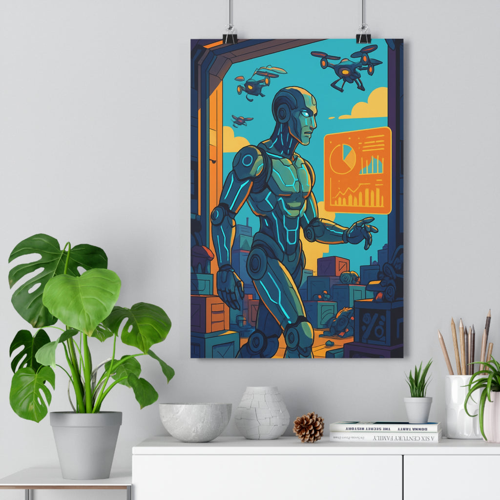 Poster décoratif cyborg futuriste bleu orange cartoon dynamique technologie salon bureau design moderne qualité