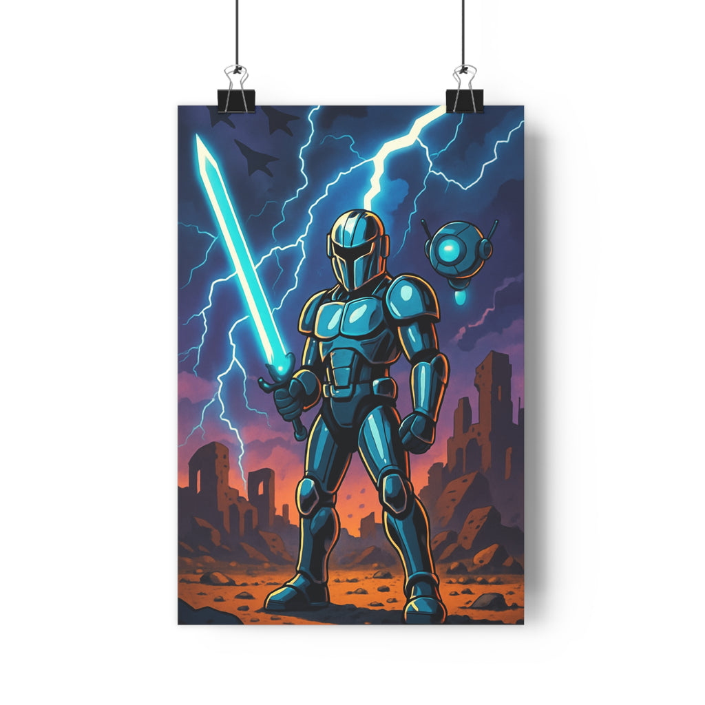 Poster décoratif futuriste guerrier cyberpunk bleu orange intense dramatique chambre jeu vibrant unique épique