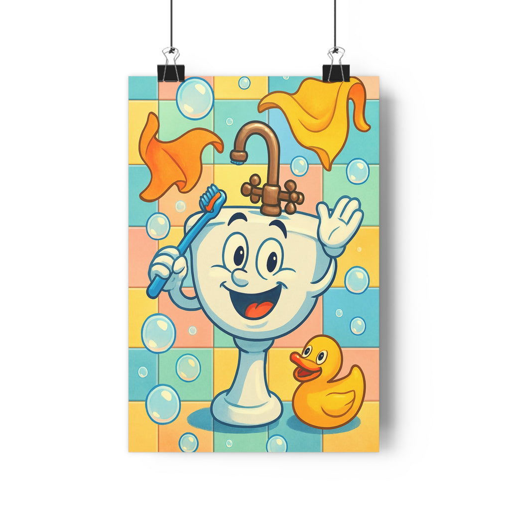 Poster décoratif lavabo cartoon joyeux salle de bain enfant coloré bleu orange amusant fantaisiste