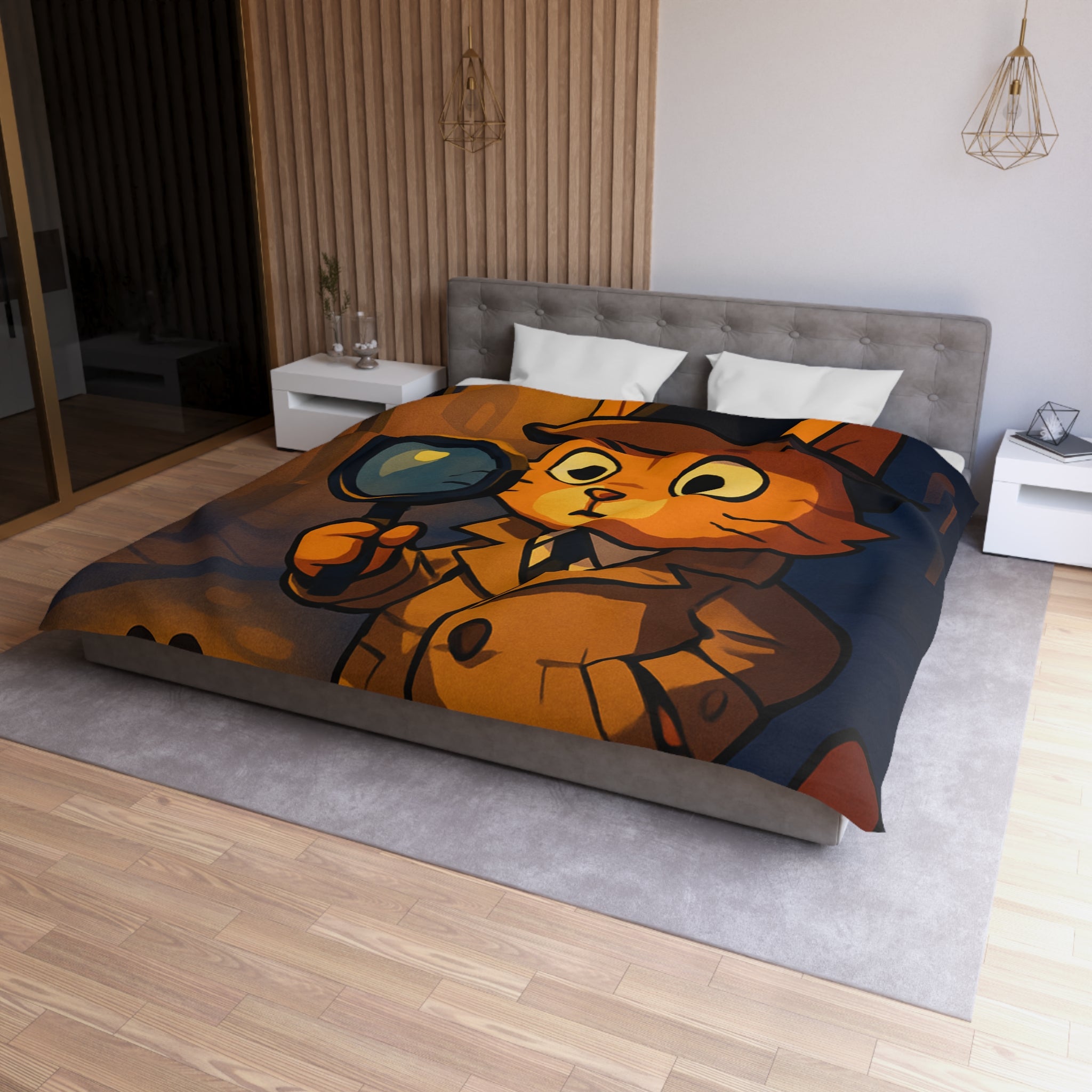 Housse de couette motif chat détective illustré avec lampe et empreinte mystérieuse