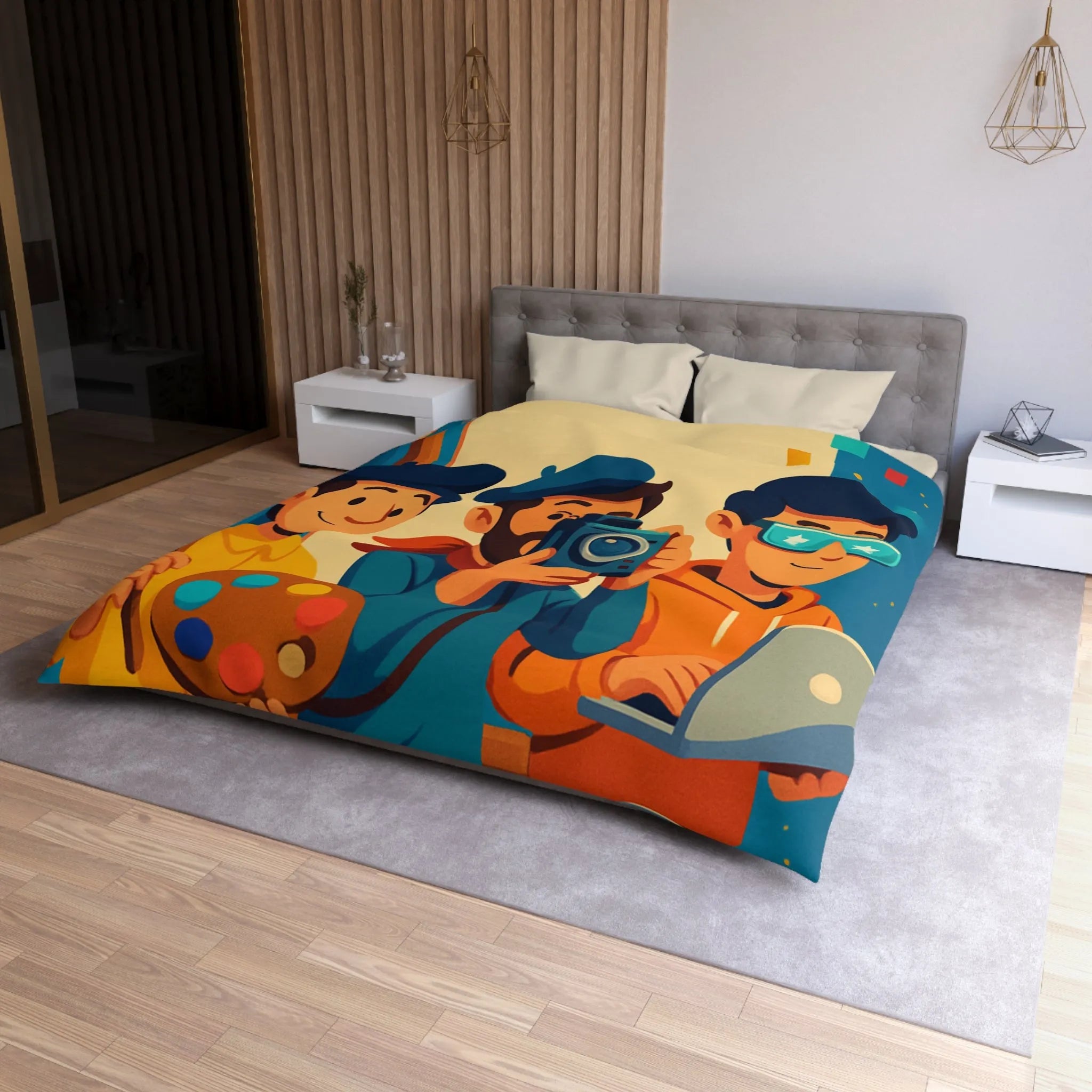 Housse de couette colorée avec artistes créatifs et style cartoon pour chambre moderne