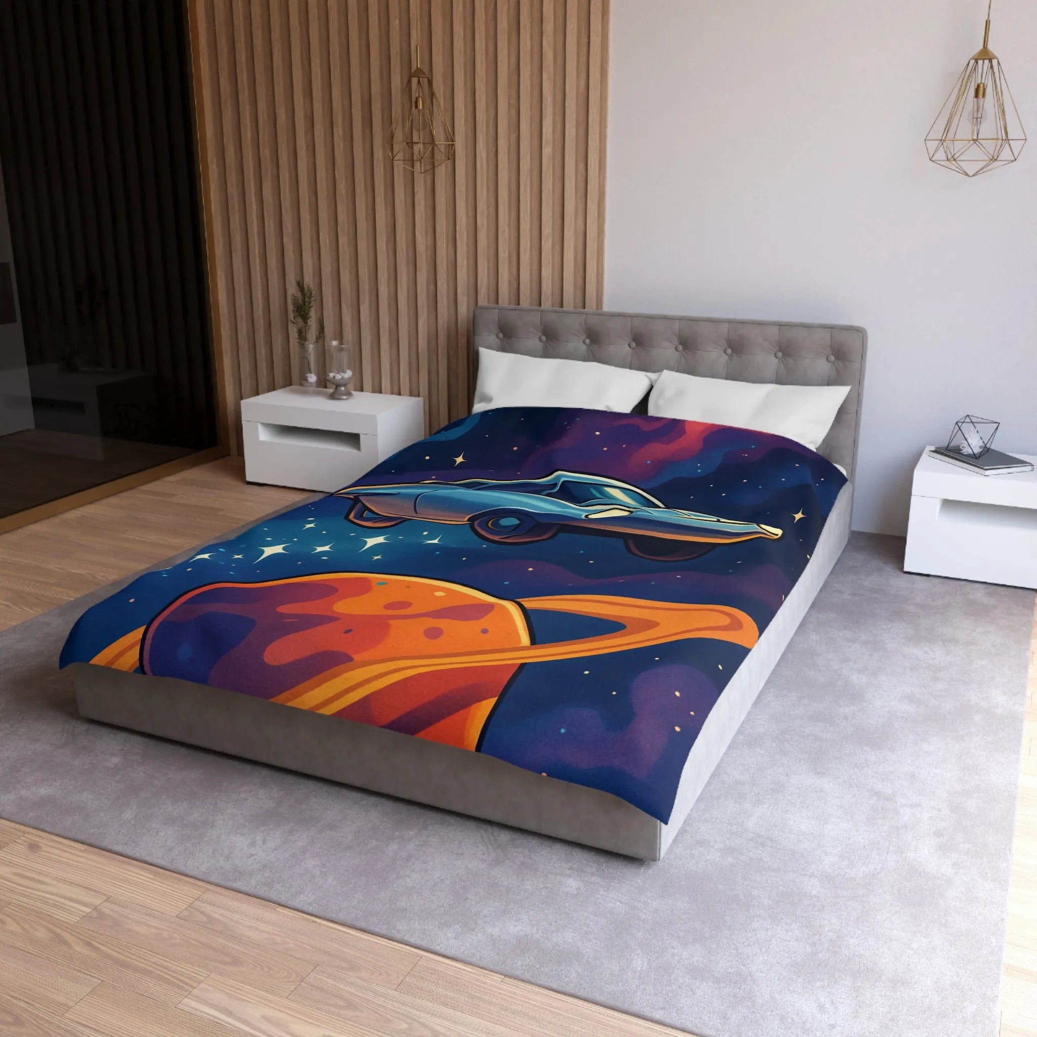 Housse de Couette Artistique Spatiale avec Voiture Volante et Planète Saturne Colorée