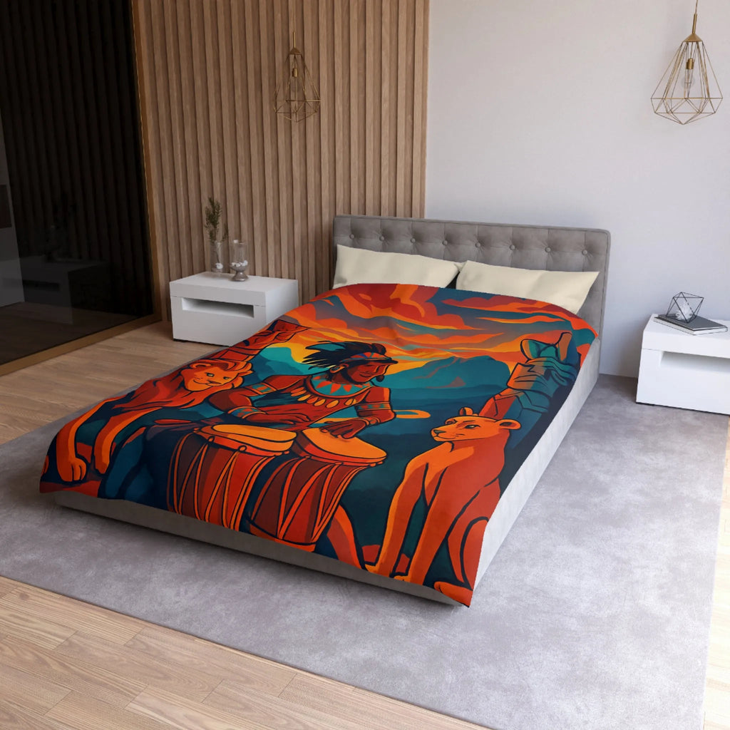 Housse de couette exotique avec musicien, tambours et totems en ambiance chaleureuse
