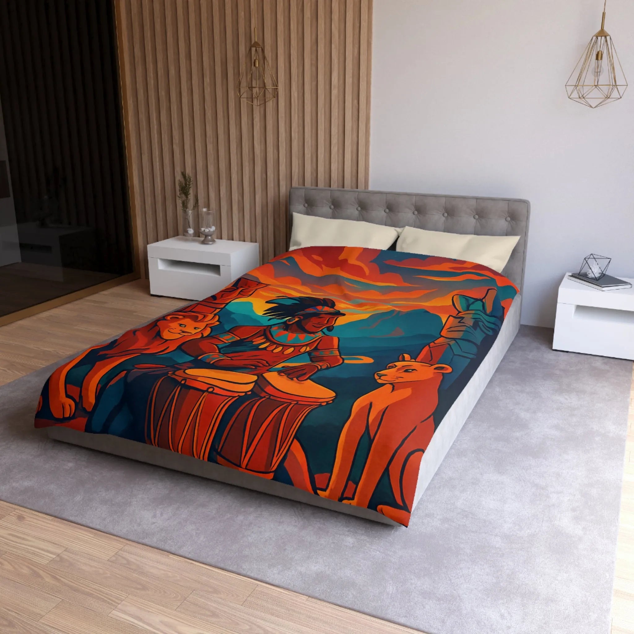 Housse de couette exotique avec musicien, tambours et totems en ambiance chaleureuse