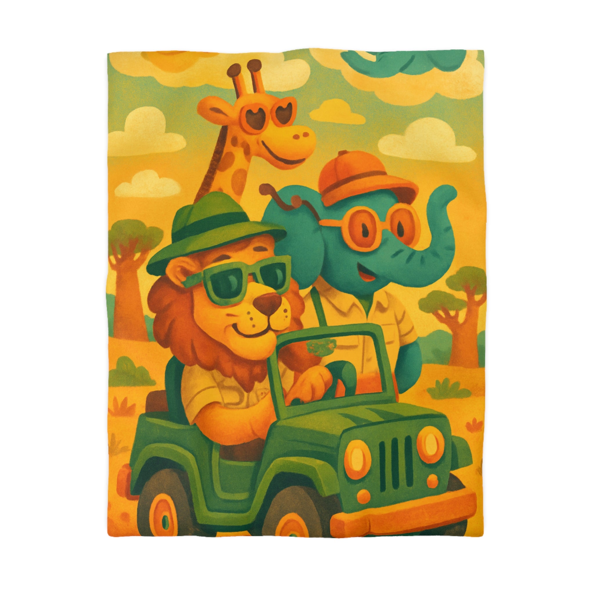 Safari animé avec lion et éléphant en voiture verte sous ciel bleu