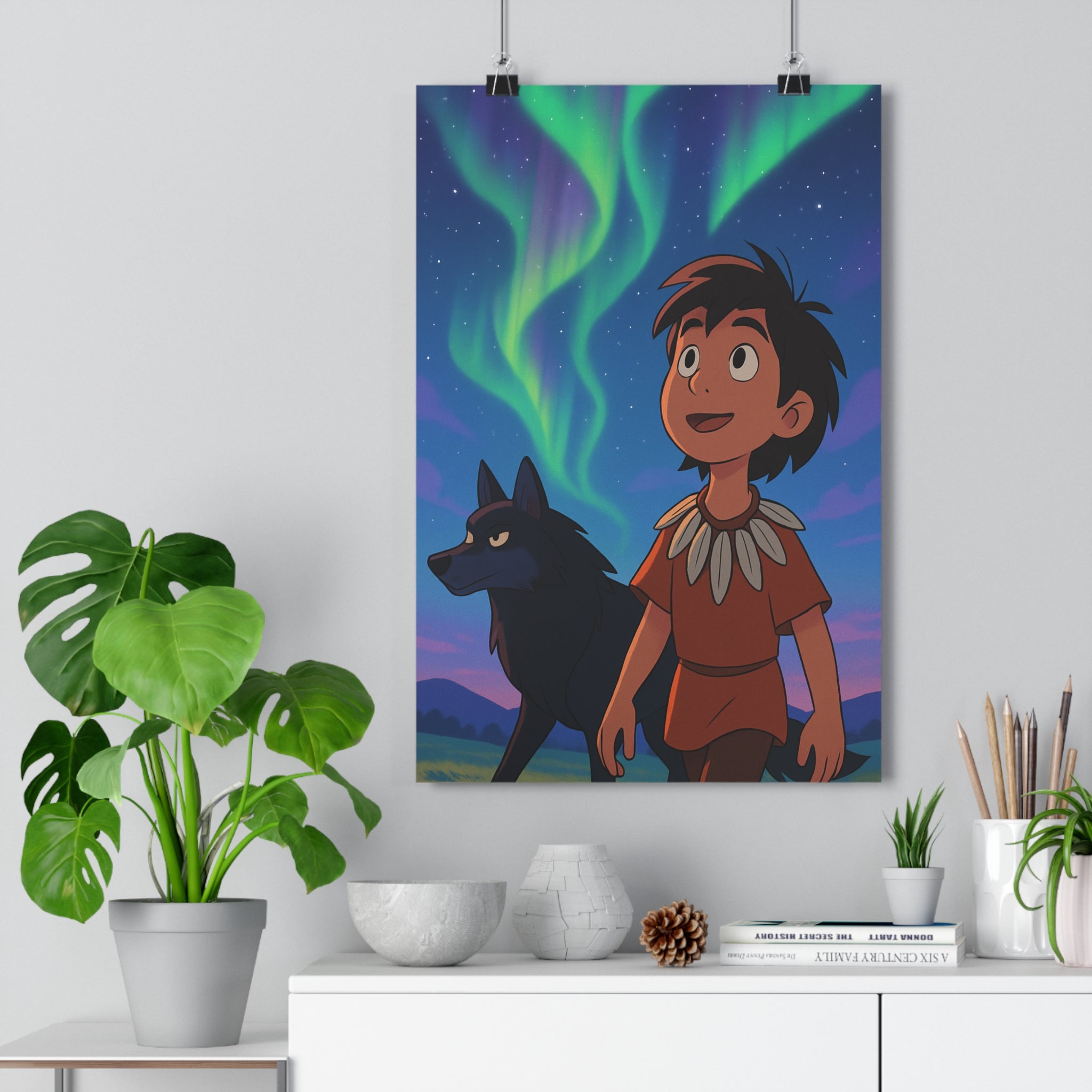 Poster décoratif cartoon vert violet magique enfant chambre féerique serein 30x46 folklore loup étoilé