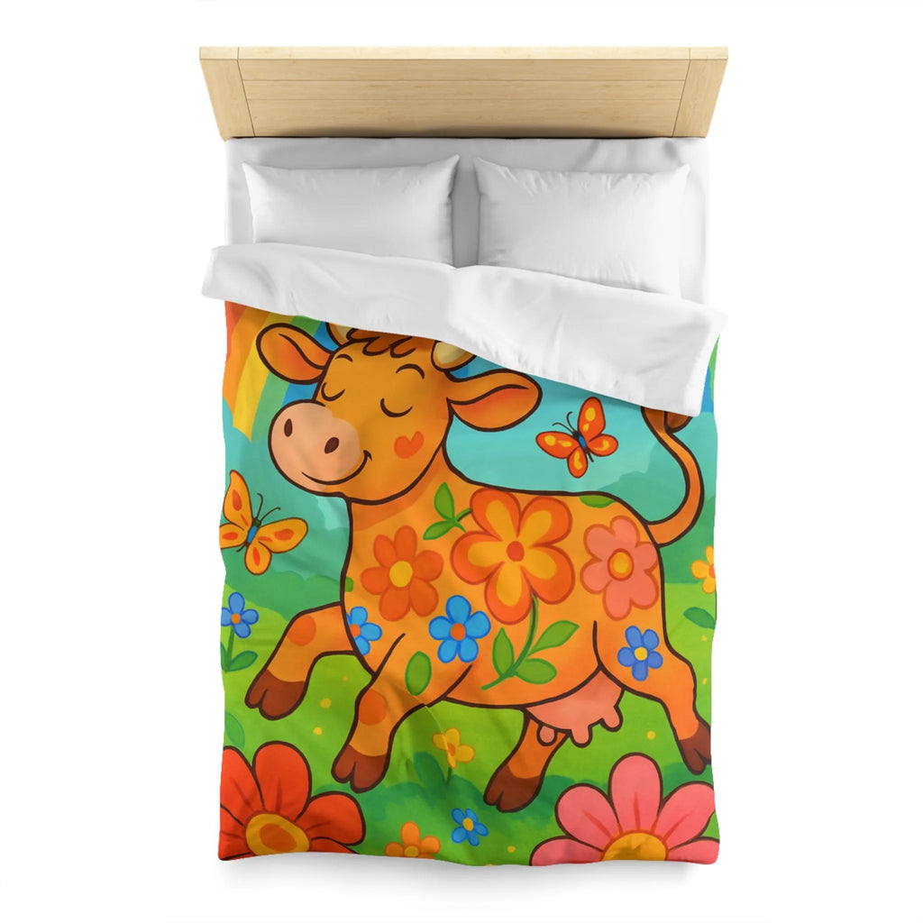 Housse de Couette Enfant Joyeuse Vache Orange Sous Arc-en-Ciel et Papillons Colorés