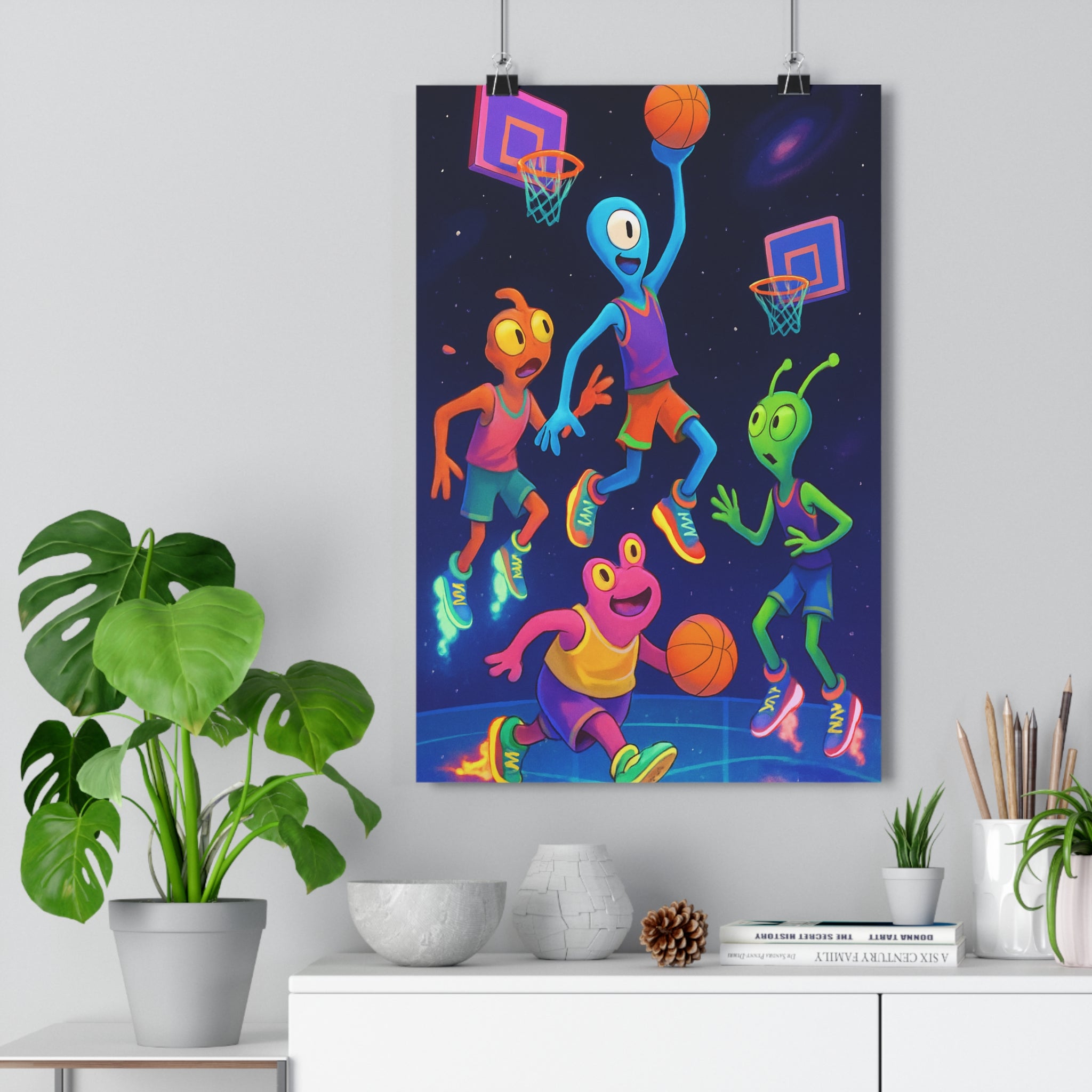 Poster décoratif futuriste extraterrestre bleu violet vert orange enfant chambre dynamique ludique 30x46 ambiance