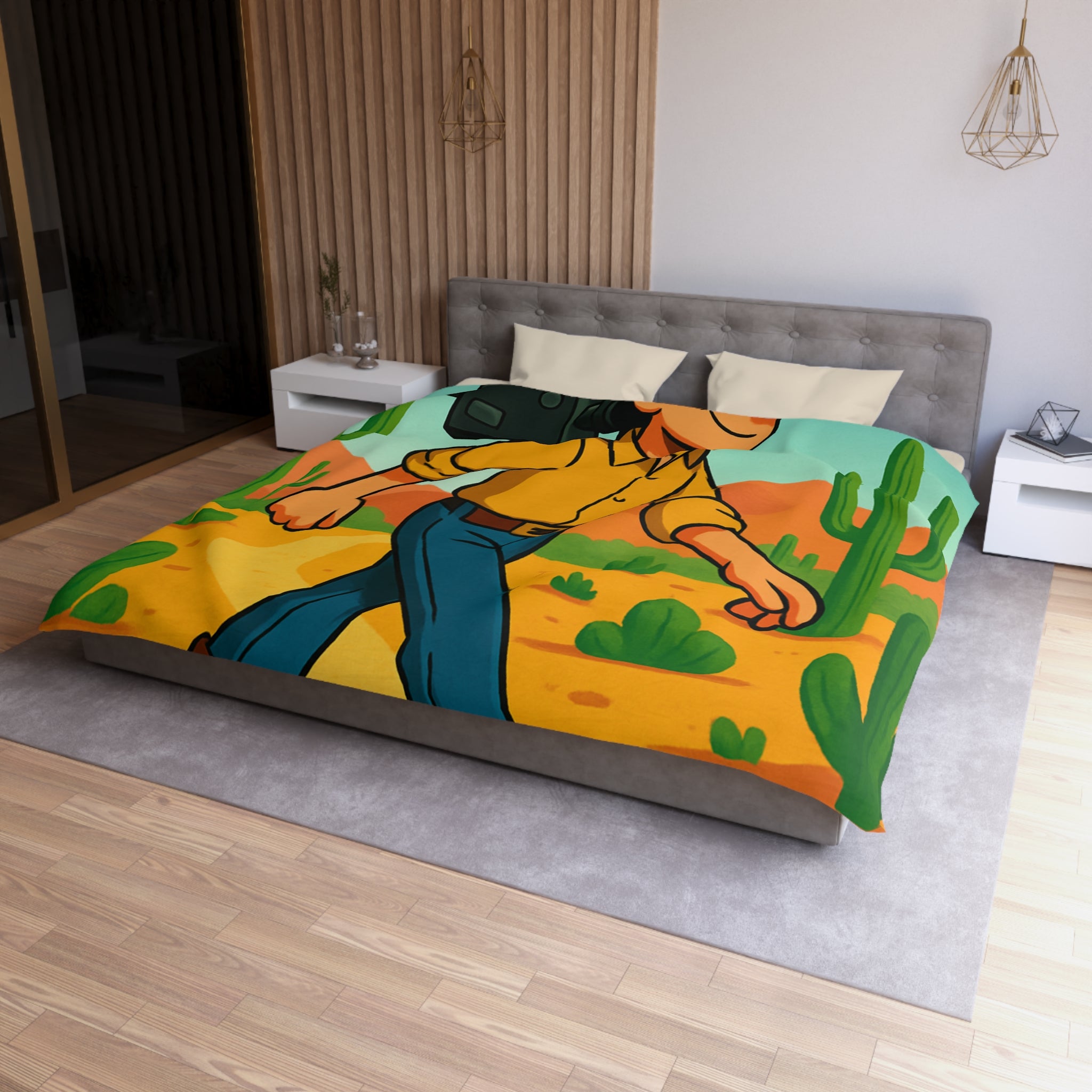 Housse de couette western cowboy dessin animé, désert cactus rétro style vibrant