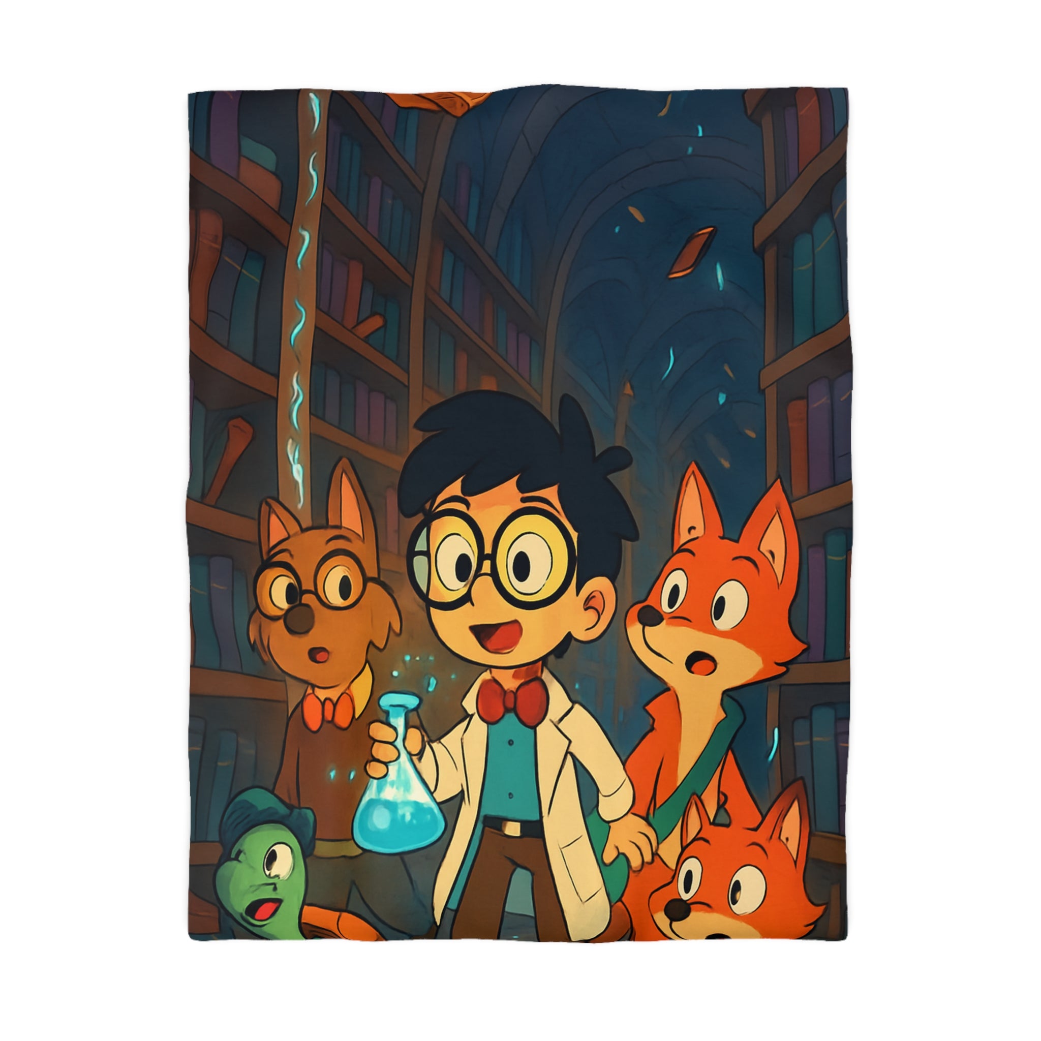 Housse de couette pour enfants avec dessin animé de bibliothèque magique et animaux curieux