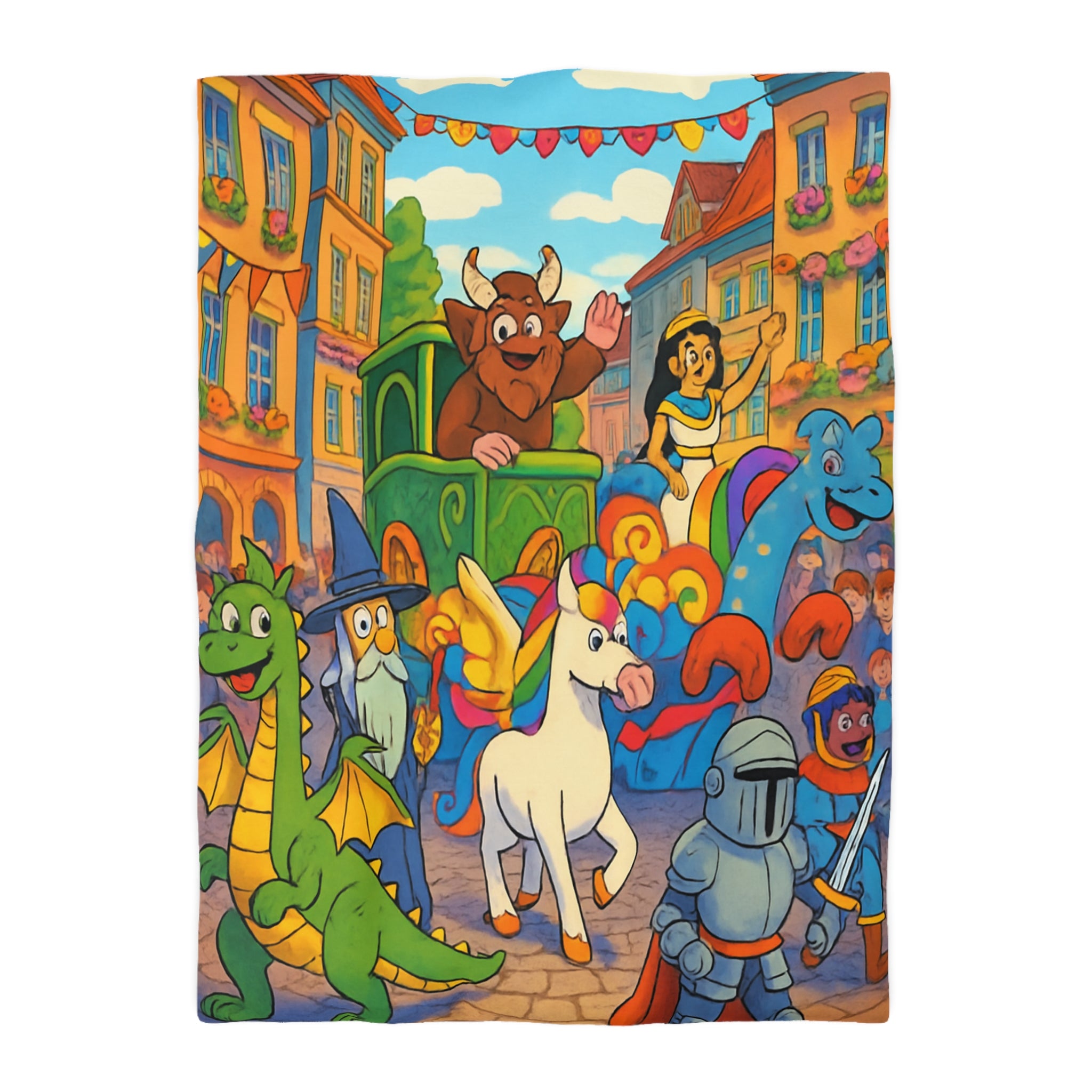 Housse de Couette Motif Parade Joyeuse avec Dragons Licornes et Chevaliers Enchantés